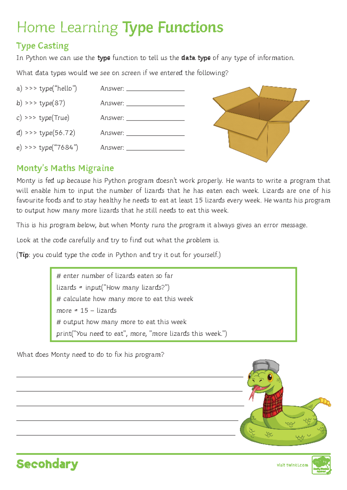 Home Learning Type Functions - What data types would we see on screen ...