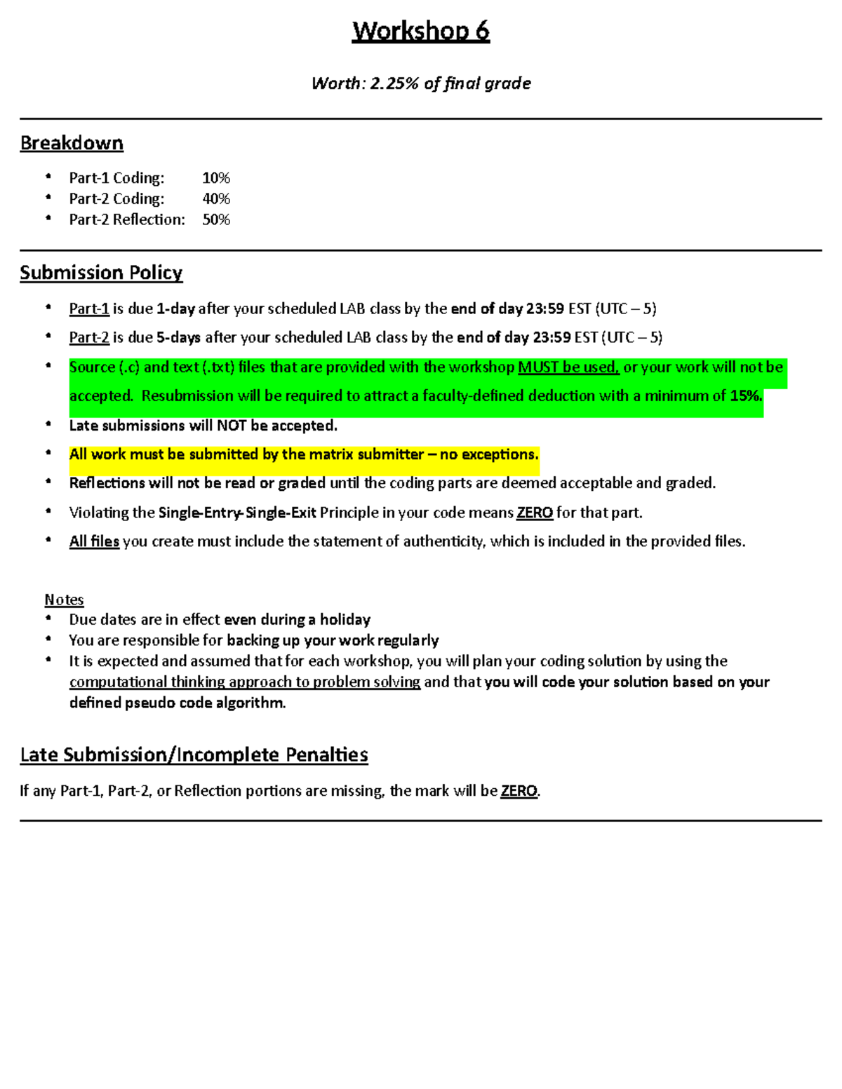 Workshop 06 - Workshop 6 Worth: 2% of final grade Breakdown Part-1 ...