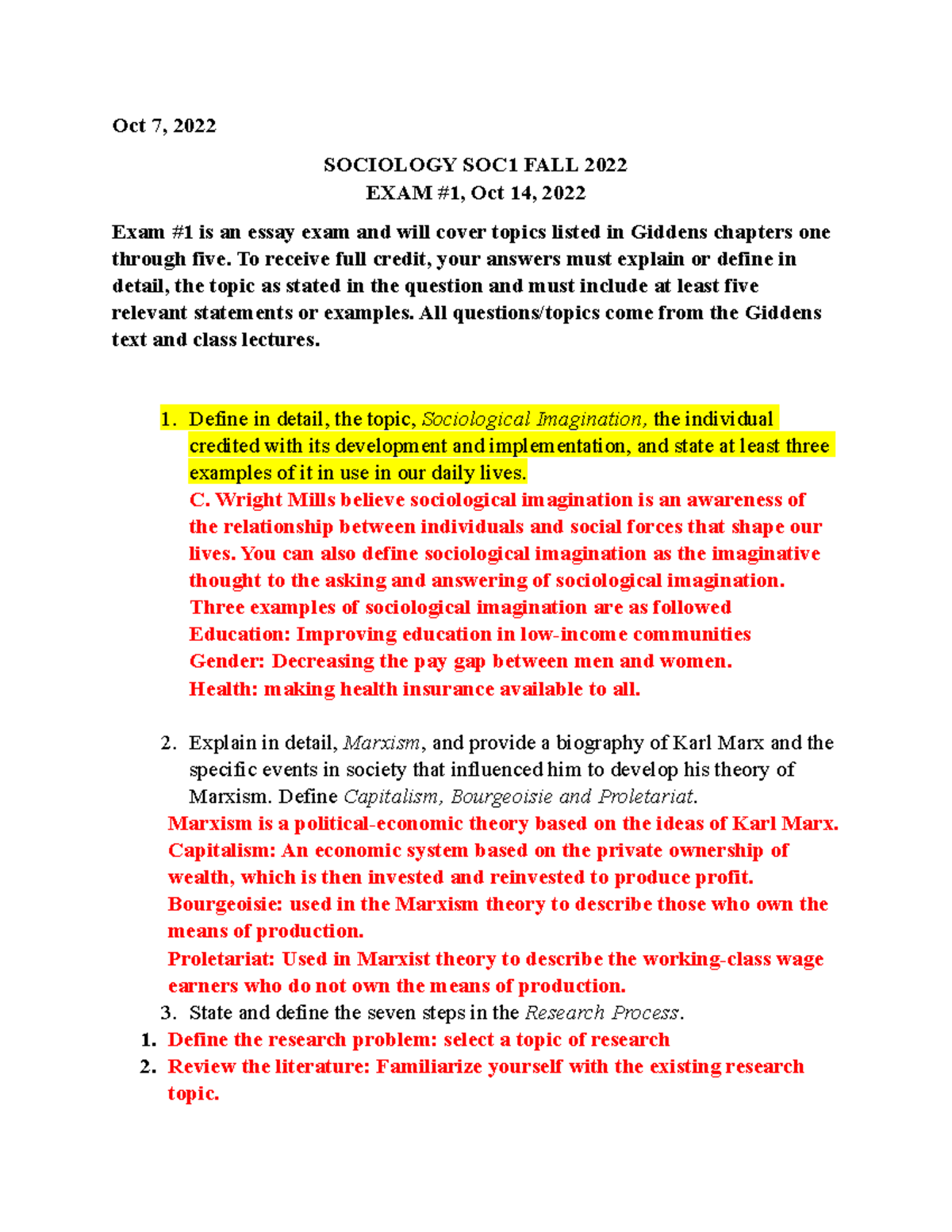 SOC1 F-2022 EXAM #1 Study Guide - Oct 7, 2022 SOCIOLOGY SOC1 FALL 2022 ...