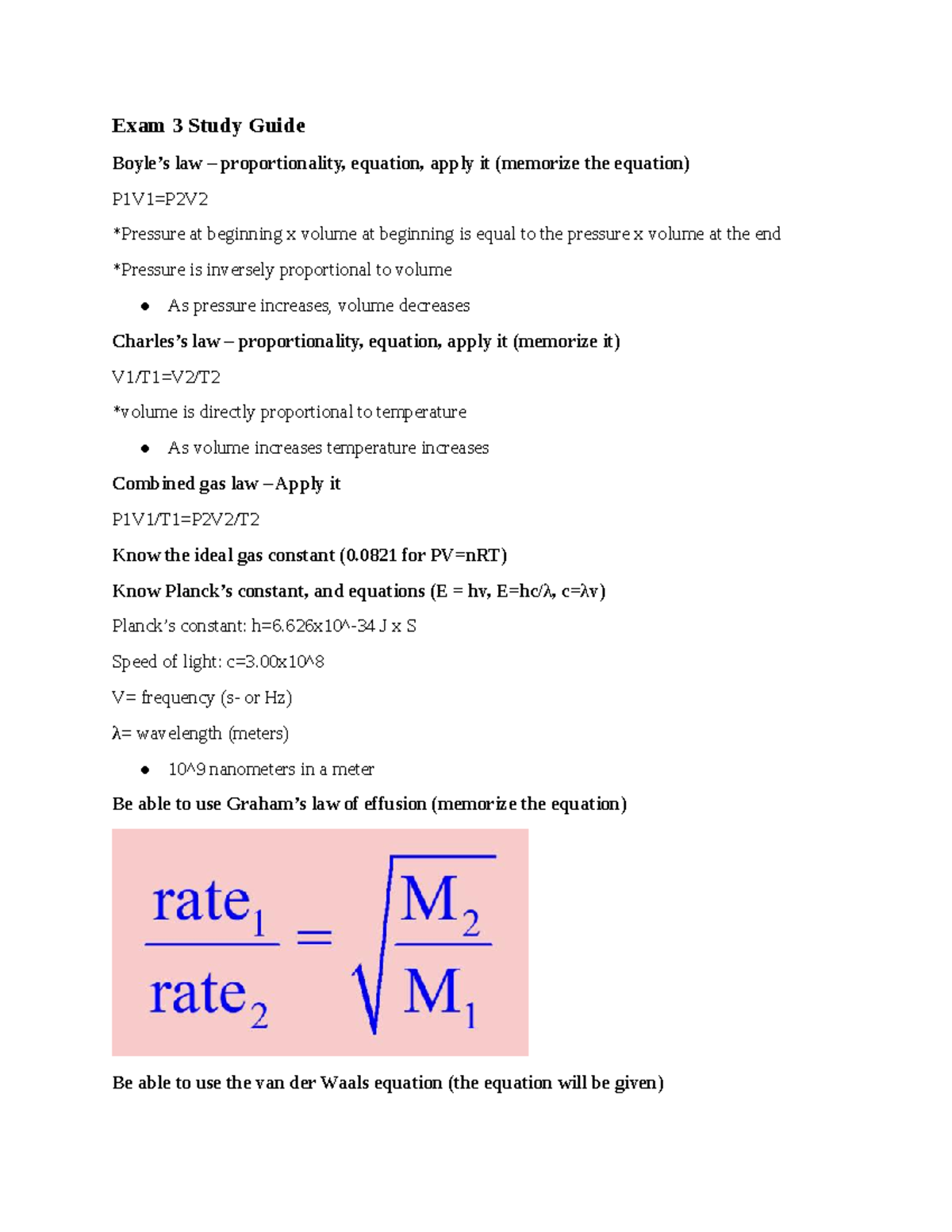 CHEM 1210 Exam 3 study guide - Exam 3 Study Guide Boyle’s law ...