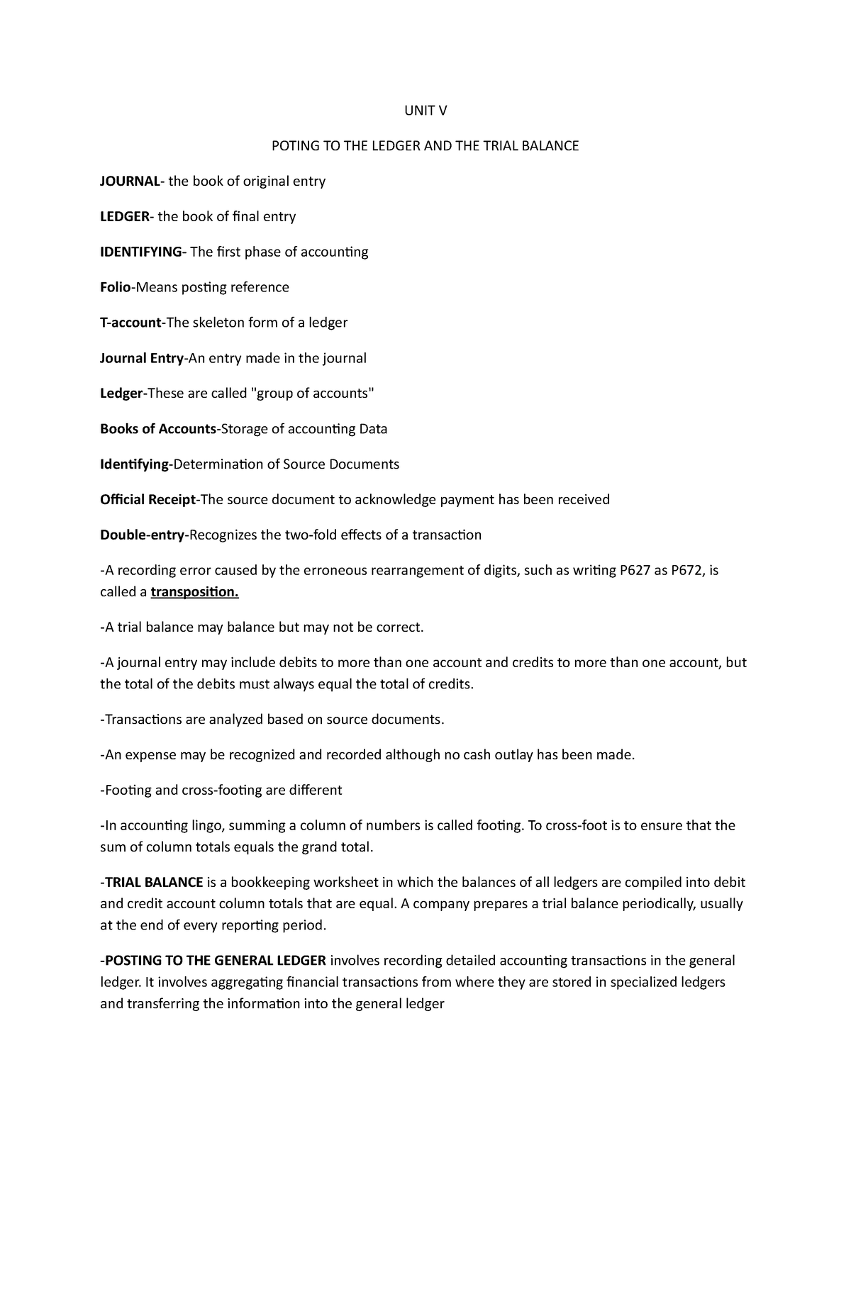 unit-v-synthesis-summaries-in-first-sem-unit-v-poting-to-the-ledger