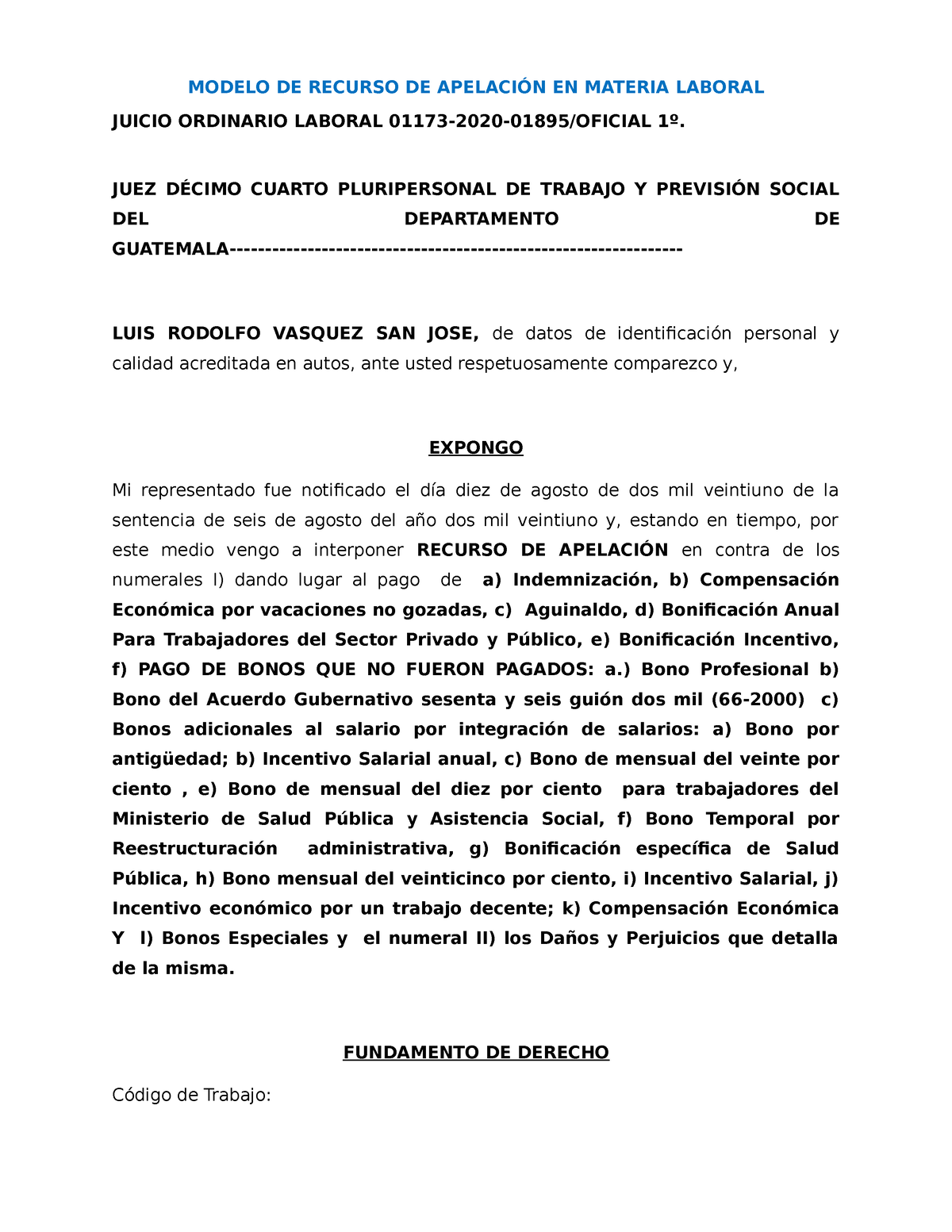 Modelo De Memorial De Apelación Modelo De Recurso De ApelaciÓn En Materia Laboral Juicio 4640