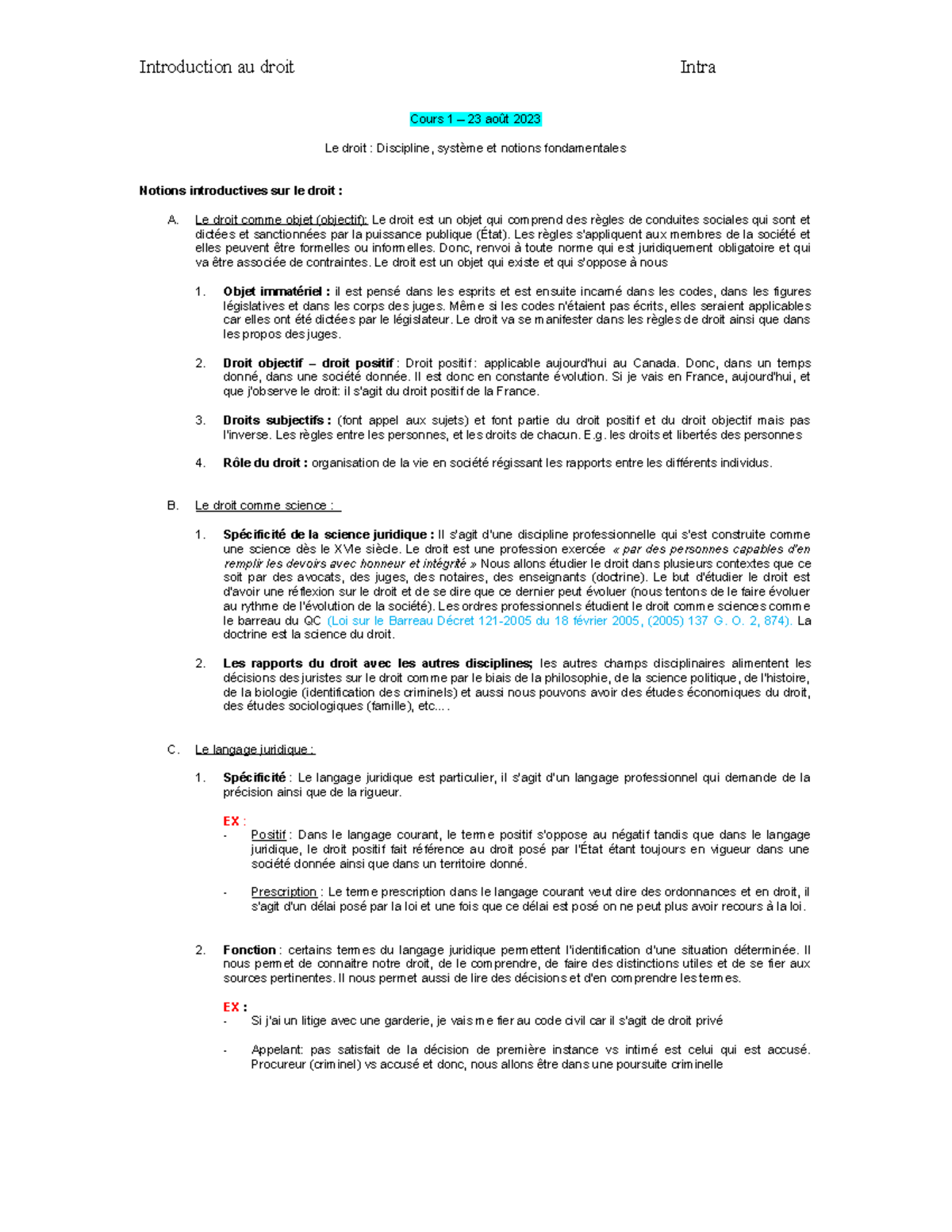 Intra - Introduction au droit - Cours 1 – 23 août 2023 Le droit ...
