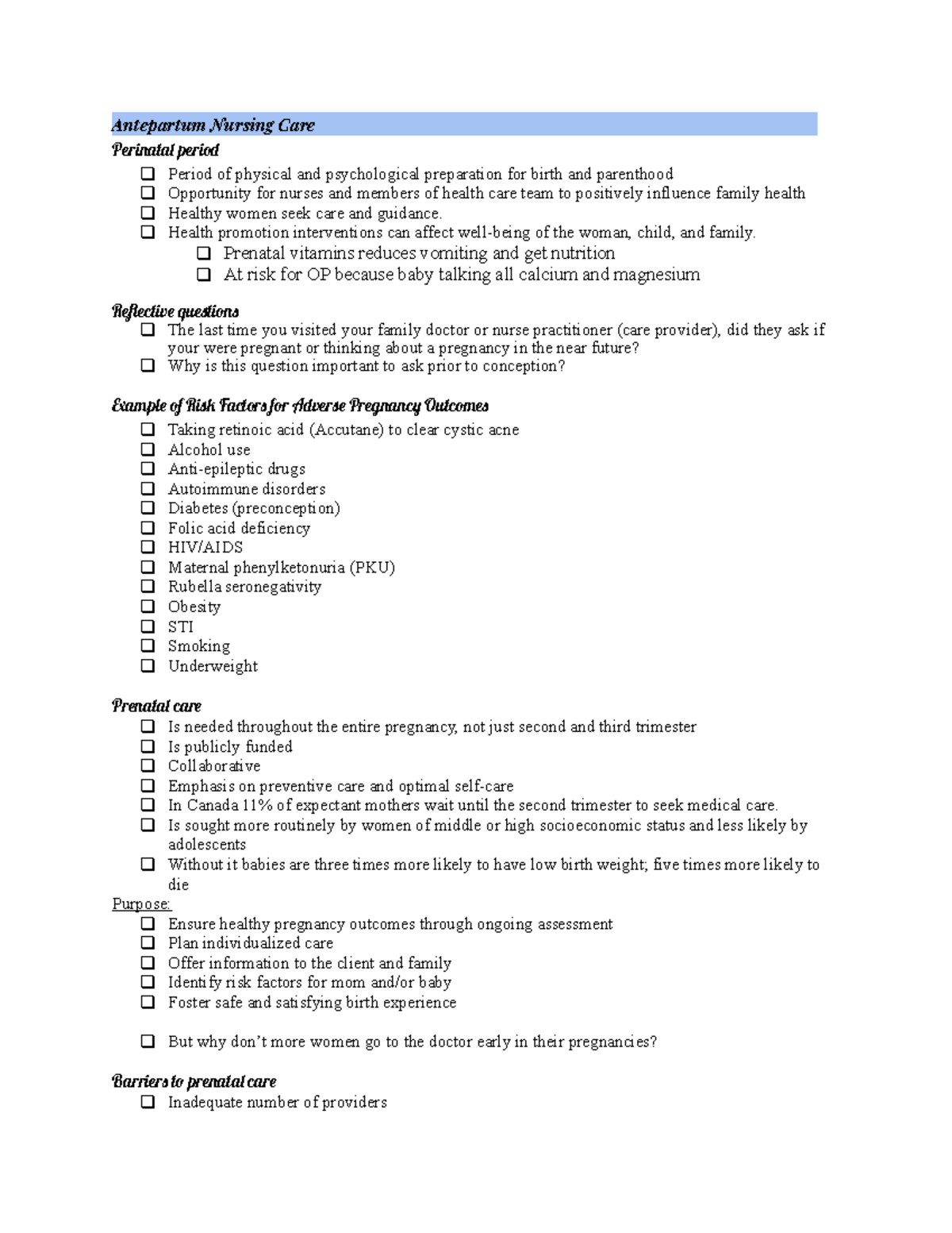 Module 2c Nursing Care During Pregnancy - Antepartum Nursing Care - Studocu