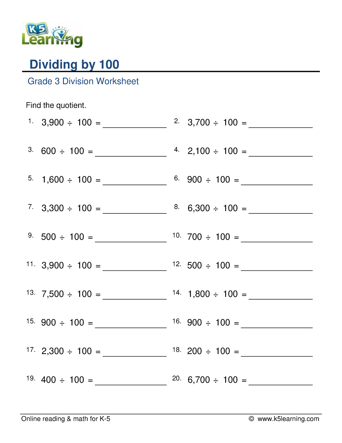 Grade 3 divide by 100 a - Online reading & math for K-5 © k5learning ...