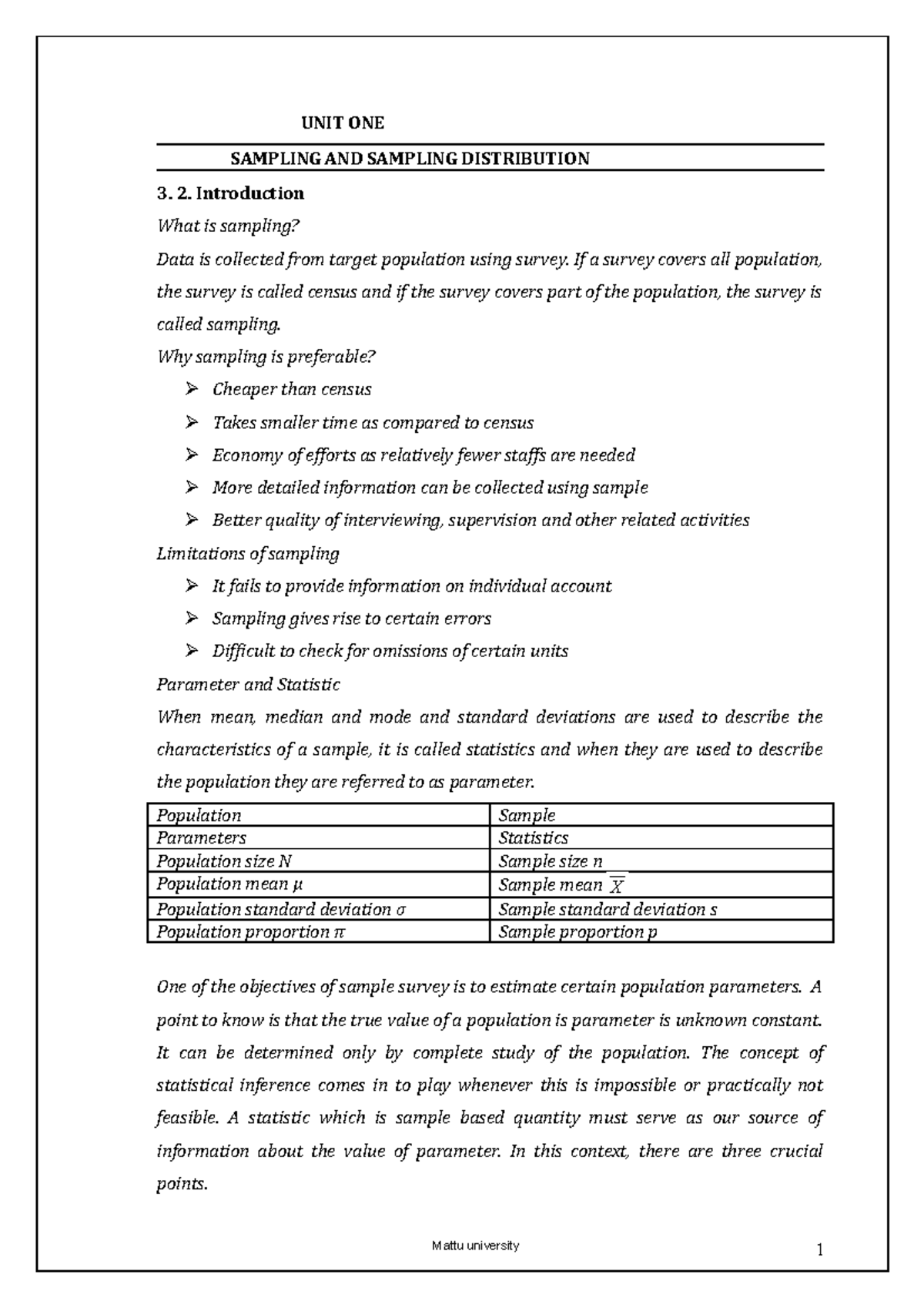 Stat handout - Statistics for Management II - UNIT ONE SAMPLING AND ...