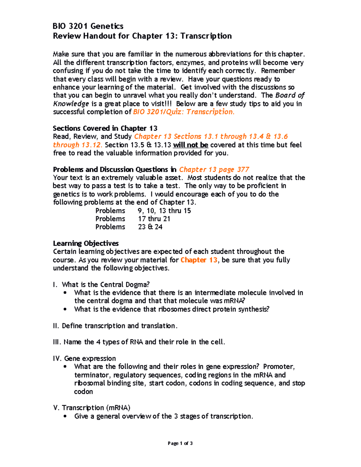 Chapter 13 Overview - BIO 3201 Genetics Review Handout for Chapter 13 ...