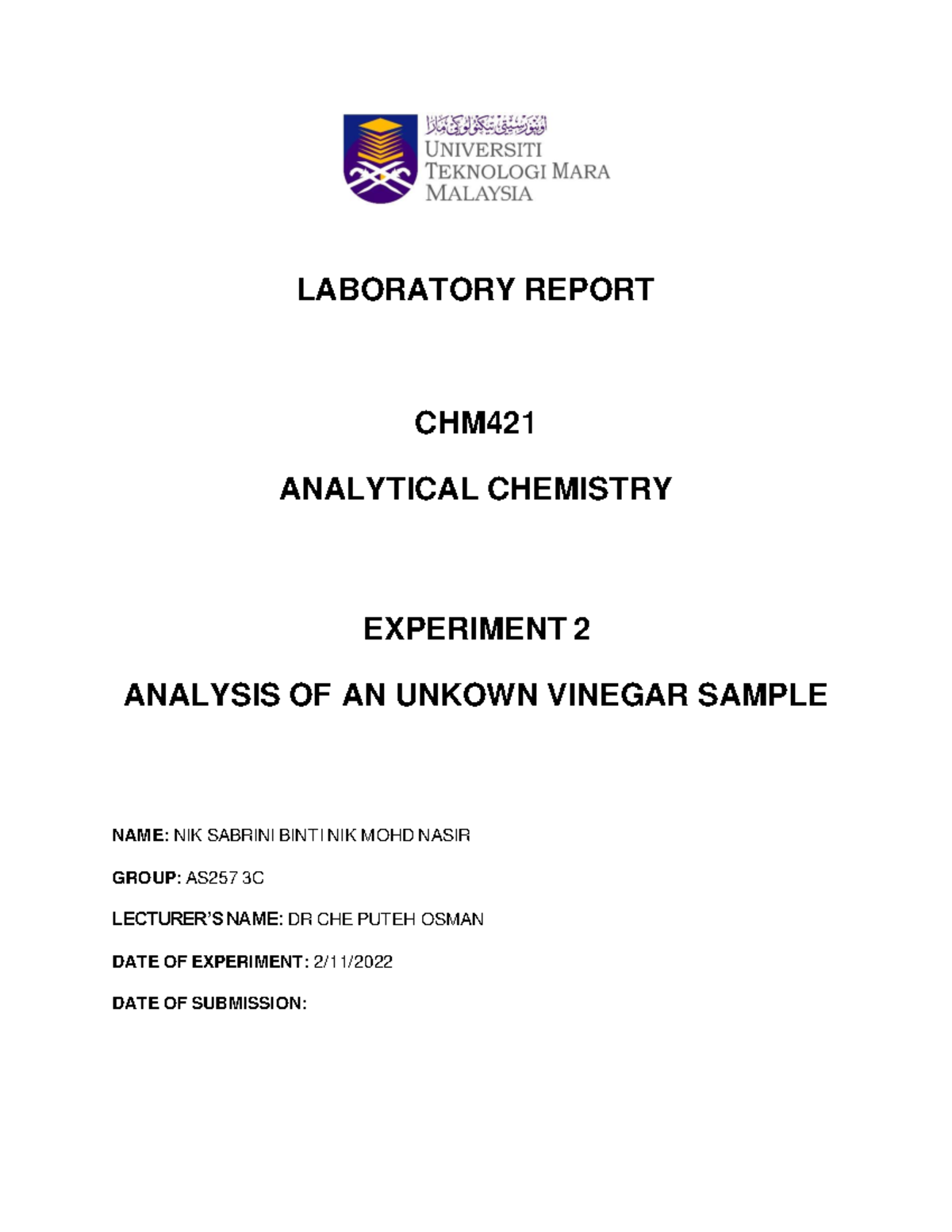 Analysis Of Unknown Vinegar Sample - LABORATORY REPORT CHM ANALYTICAL ...