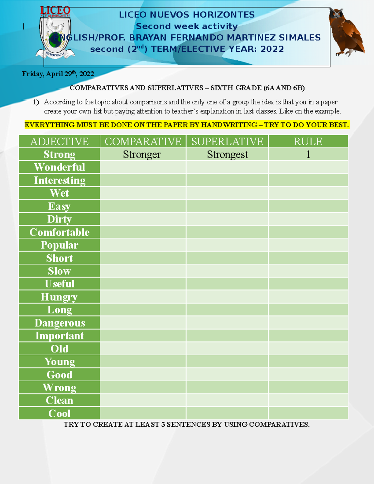 Tarea ingles cuadro - | Friday, April 29th, 2022 COMPARATIVES AND ...