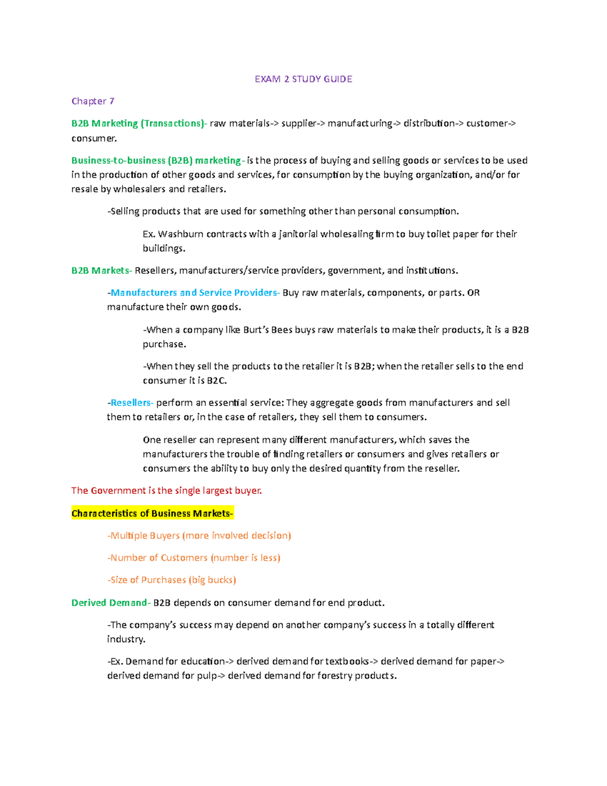 Marketing Exam 2 Study Guide - EXAM 2 STUDY GUIDE Chapter 7 B2B ...