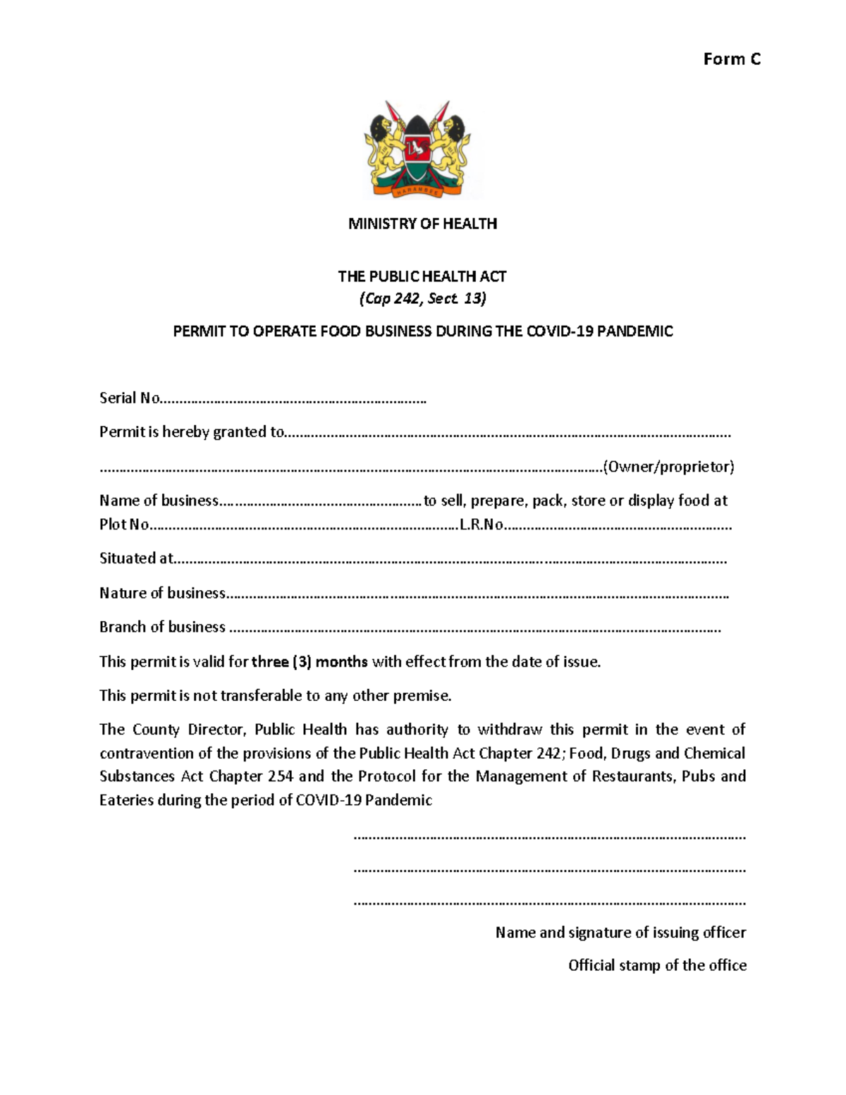 FORM C Permit to operate food businesses - MINISTRY OF HEALTH THE ...