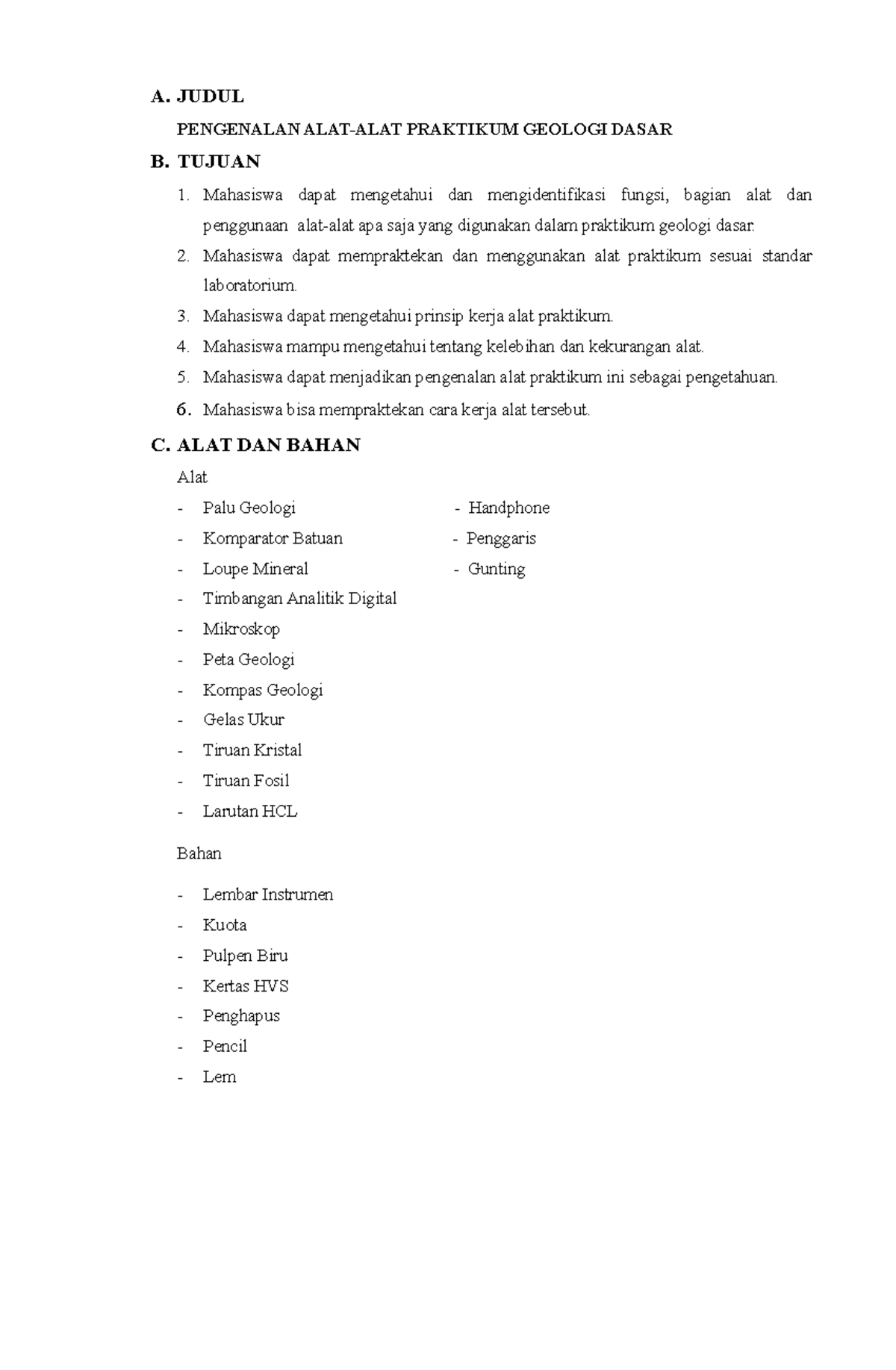 Praktikum Geologi DITA - A. JUDUL PENGENALAN ALAT-ALAT PRAKTIKUM ...