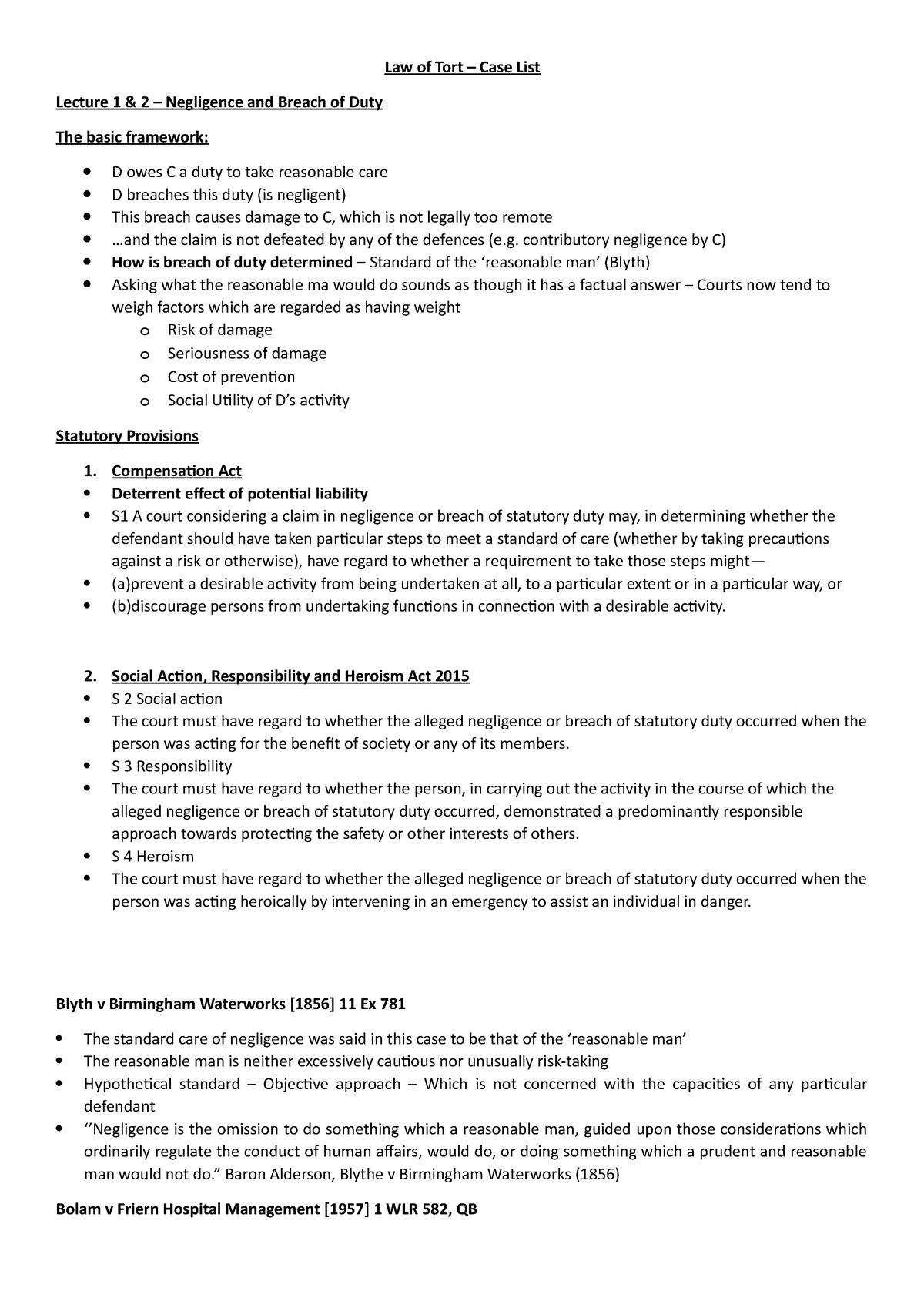 case-list-tort-law-law-of-tort-case-list-lecture-1-2