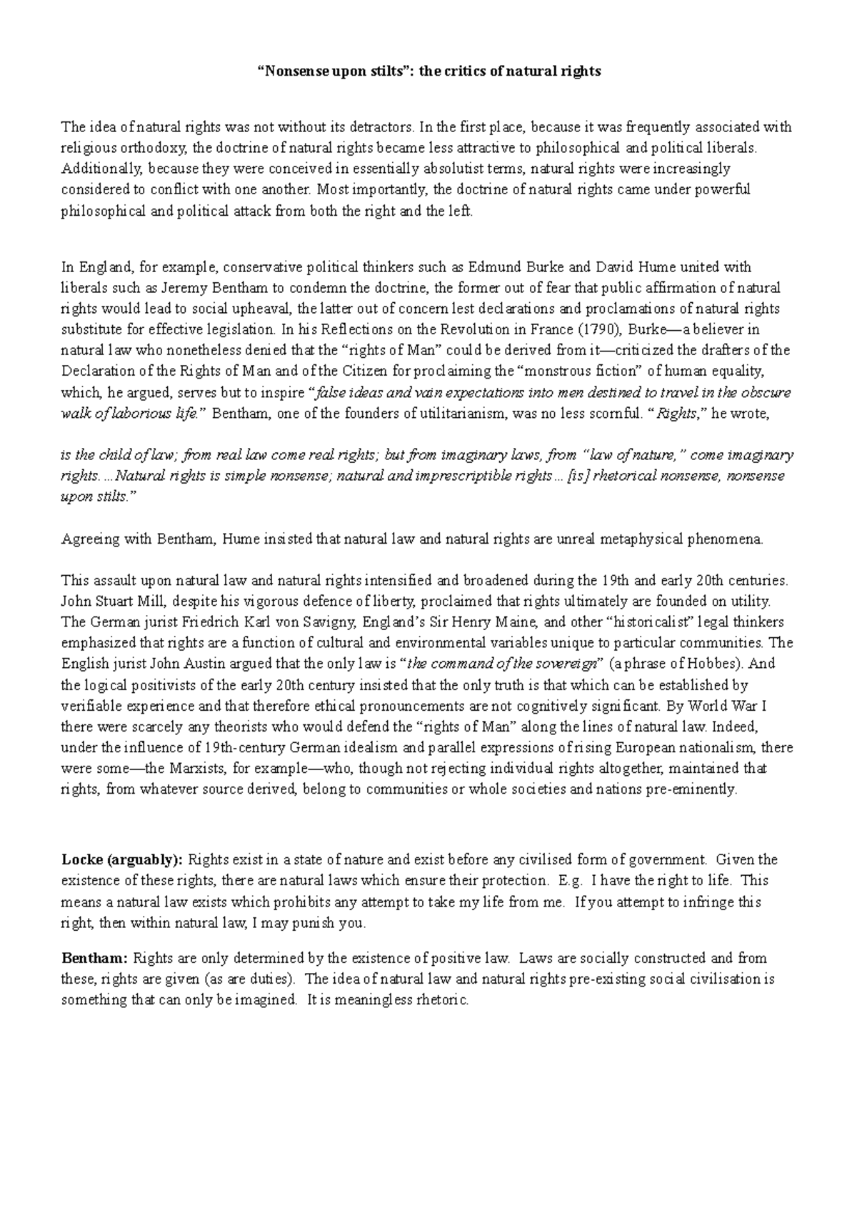 Nonsense upon stilts “Nonsense upon stilts” the critics of natural