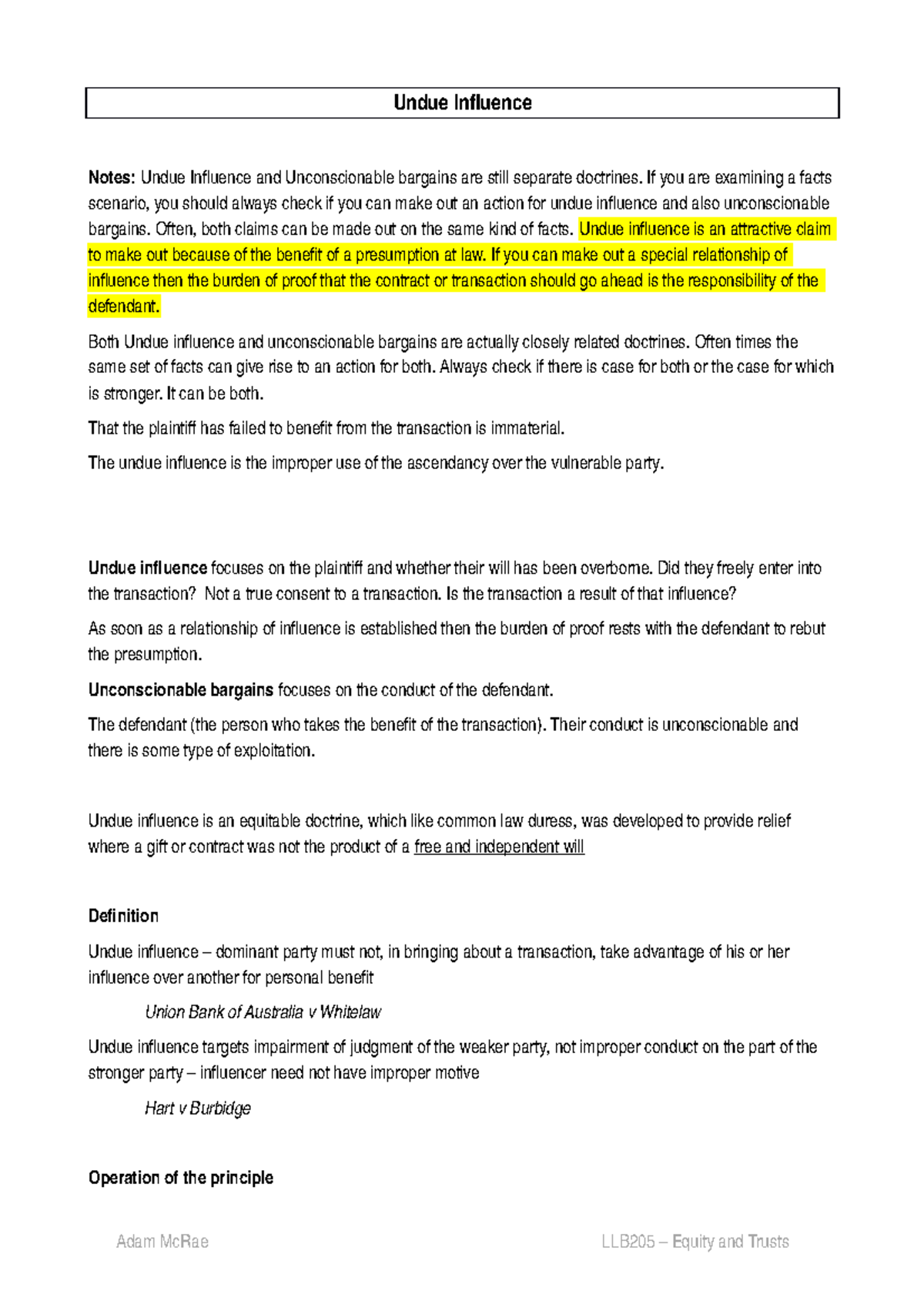1.0 Equity and Contract - Undue influence and Unconscionable Bargains ...