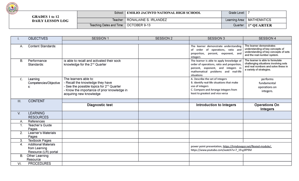 2nd Week 1 - GRADE 7 MATH Q2 - GRADES 1 to 12 DAILY LESSON LOG Teacher ...