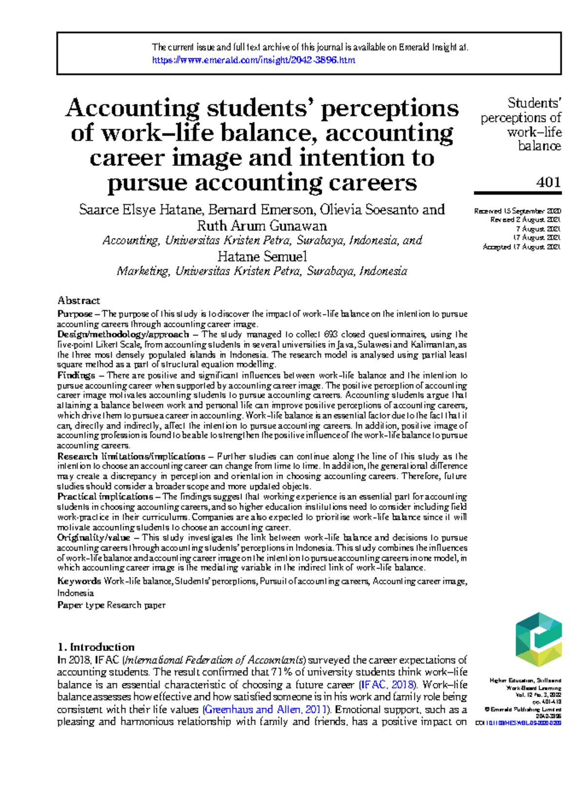Work-life balance journal - Accounting students’ perceptions of work ...