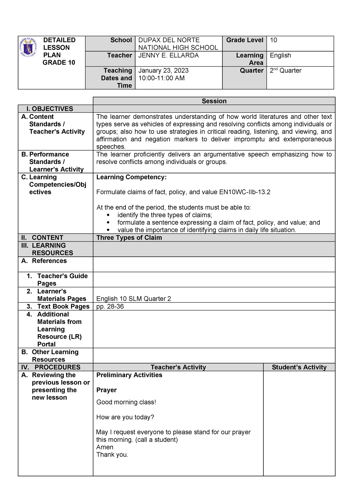 DLP Final DEMO 1 - Detailed Lesson Plan- Claims of Policy - DETAILED ...