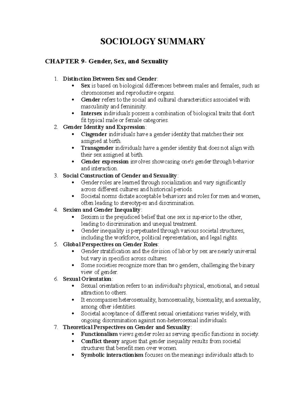 Summary Sociology notes SOCIOLOGY SUMMARY CHAPTER 9 Gender, Sex