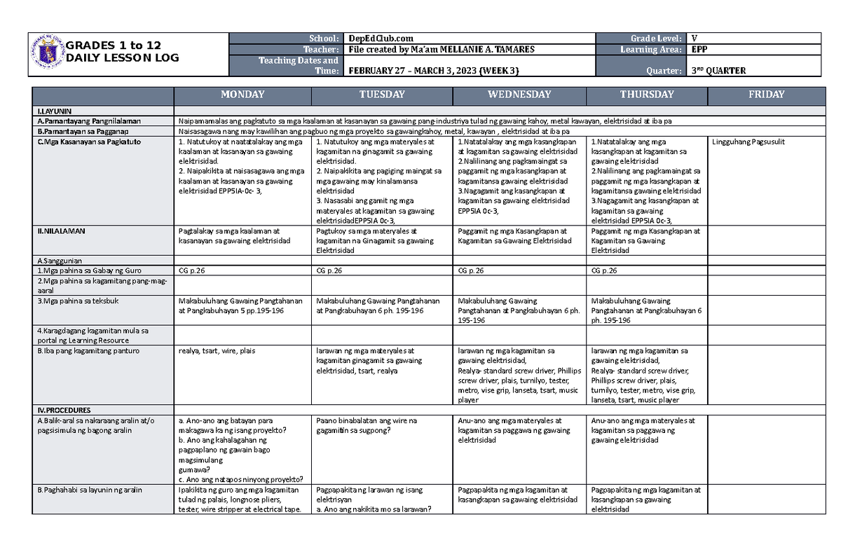 Dll Epp 5 Q3 W3 Dll Grades 1 To 12 Daily Lesson Log School Depedclub Grade Level V Teacher 3295