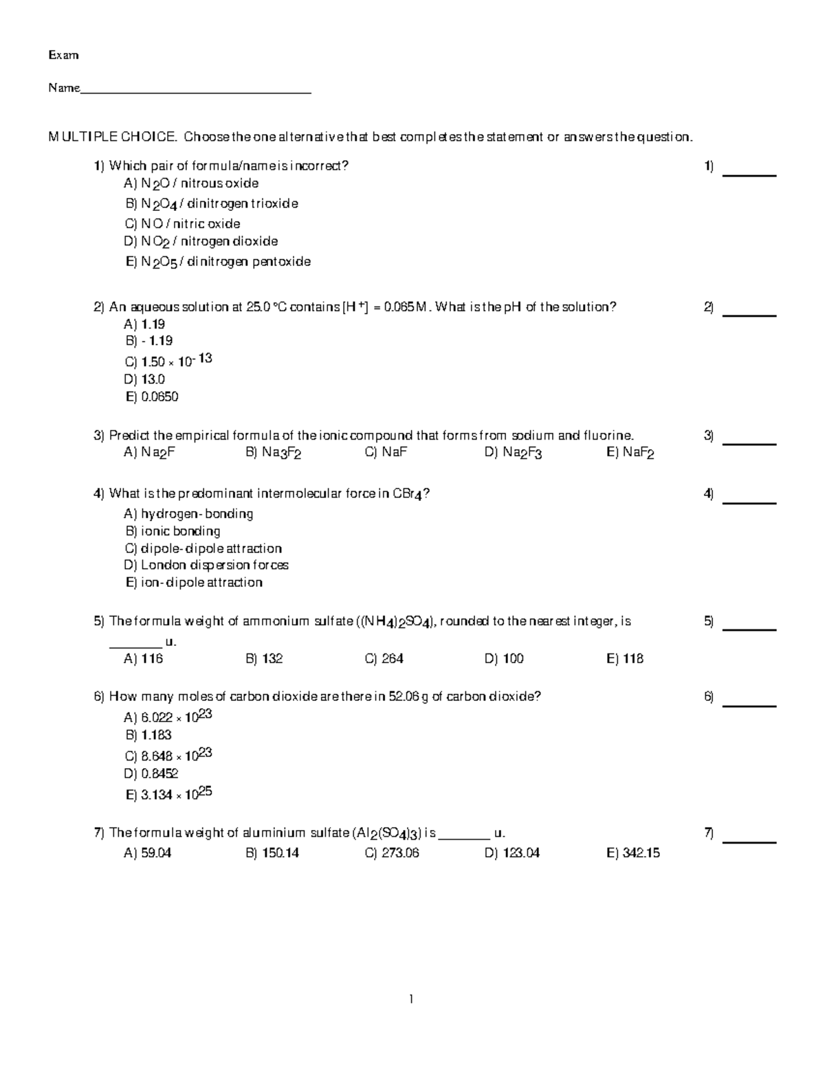 Chemistry 1 past paper based questions (more) - Exam Name