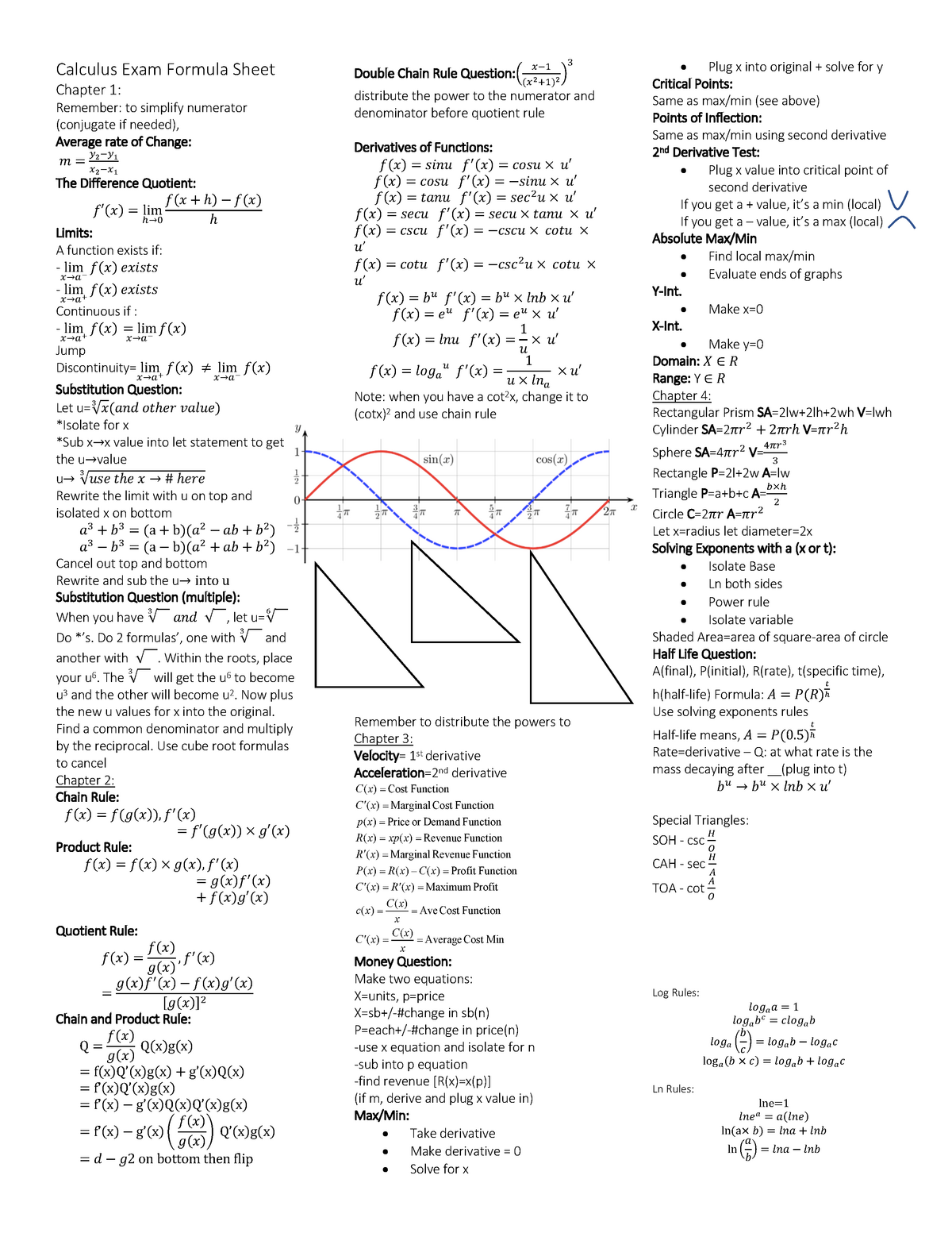 Calculus Exam Formula Sheet Ma129 Wlu Studocu