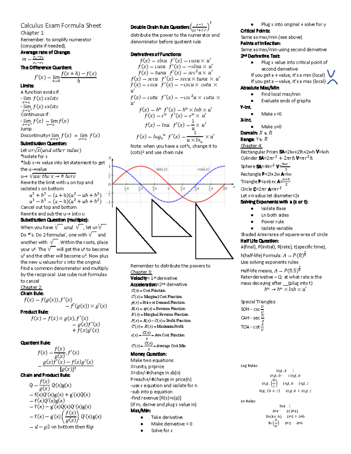 Calculus Exam Formula Sheet Ma129 Wlu Studocu