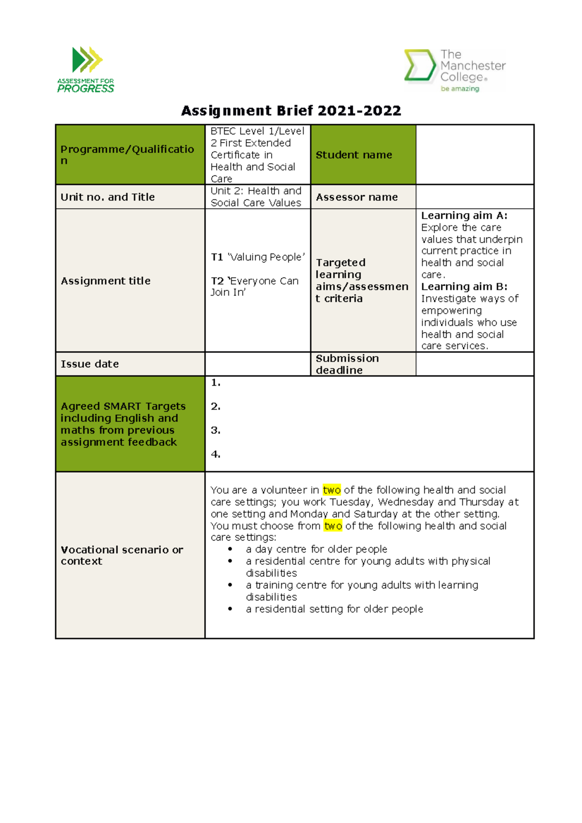 Assignment Brief Unit 2 Values 21-22 - Assignment Brief 2021- Programme ...