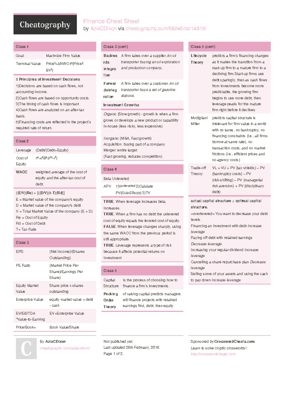 Finance Cheat Sheet - 2)Cash flows are based on opport+unity costs. 3 ...