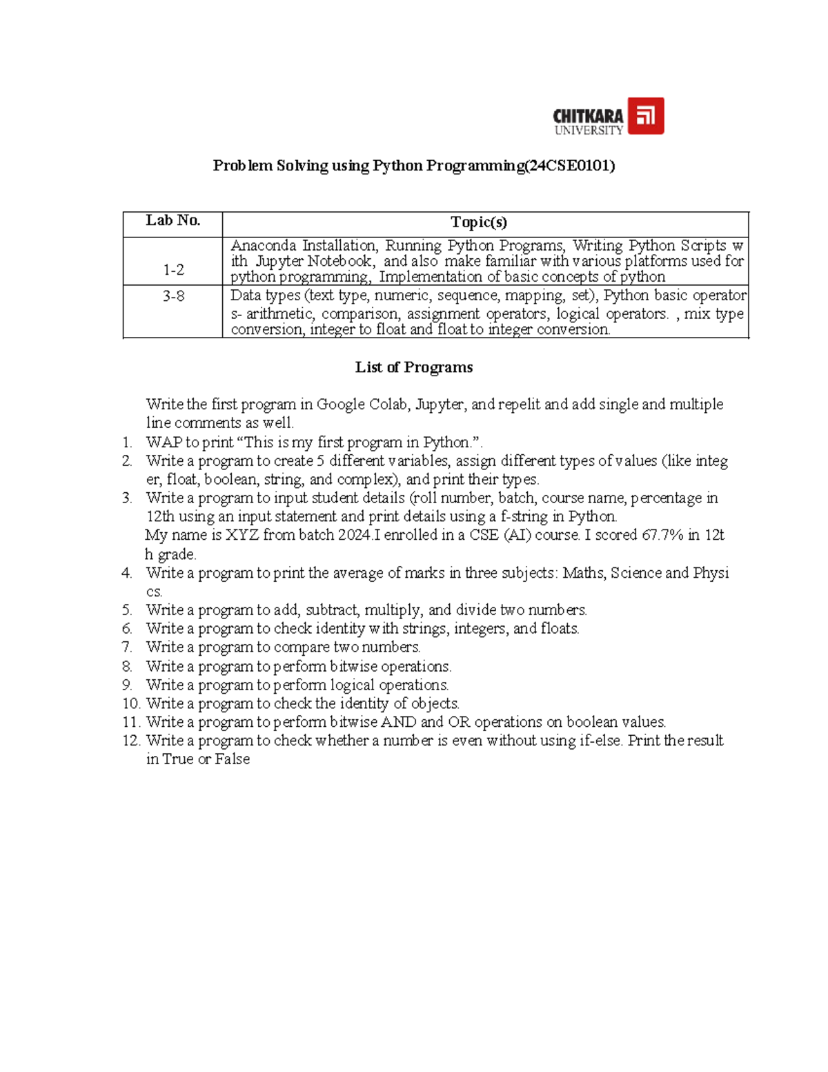 Week 1 List of Programs - Problem Solving using Python Programming ...