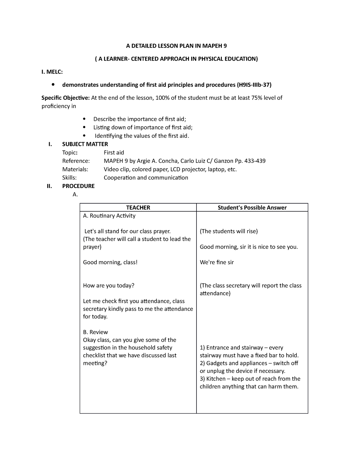 Lesson Plan 1 A Detailed Lesson Plan In Mapeh 9 A Learner Centered Approach In Physical 9763