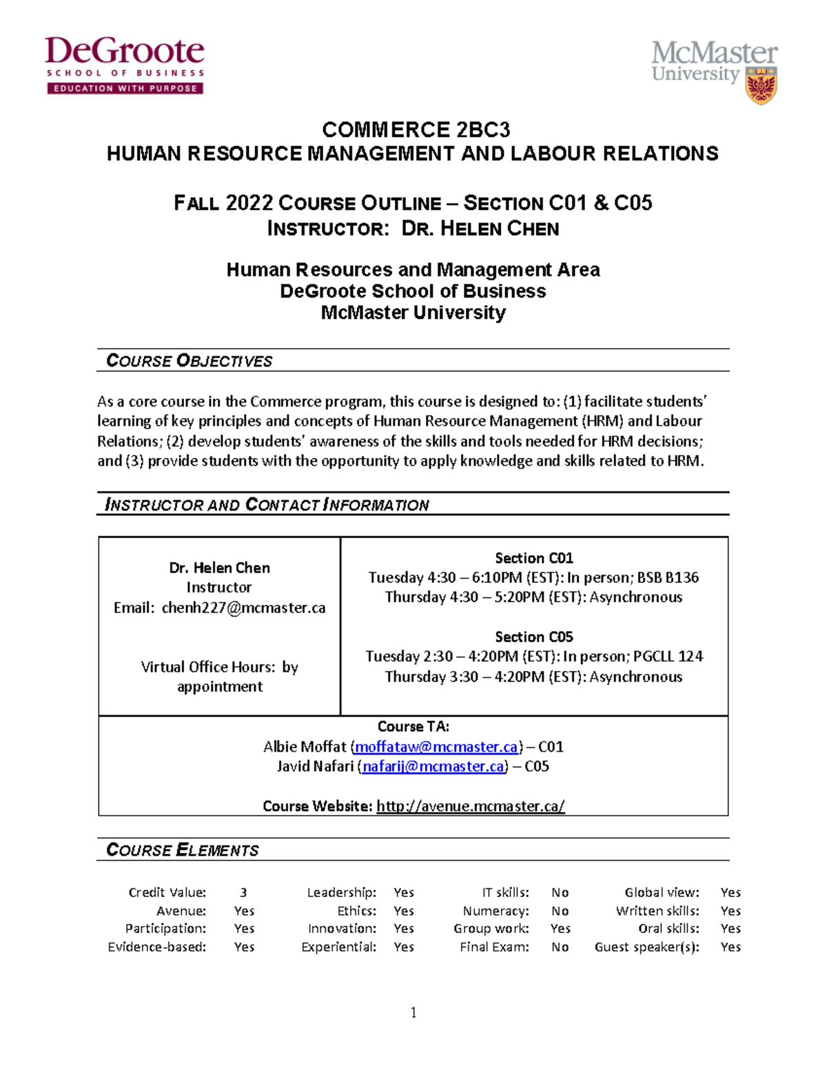 Course Outline Commerce 2BC3 Mc Master - COMMERCE 2BC HUMAN RESOURCE ...