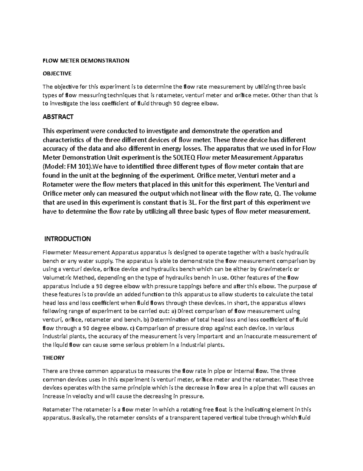 FLOW Meter Demonstration FLOW METER DEMONSTRATION OBJECTIVE The