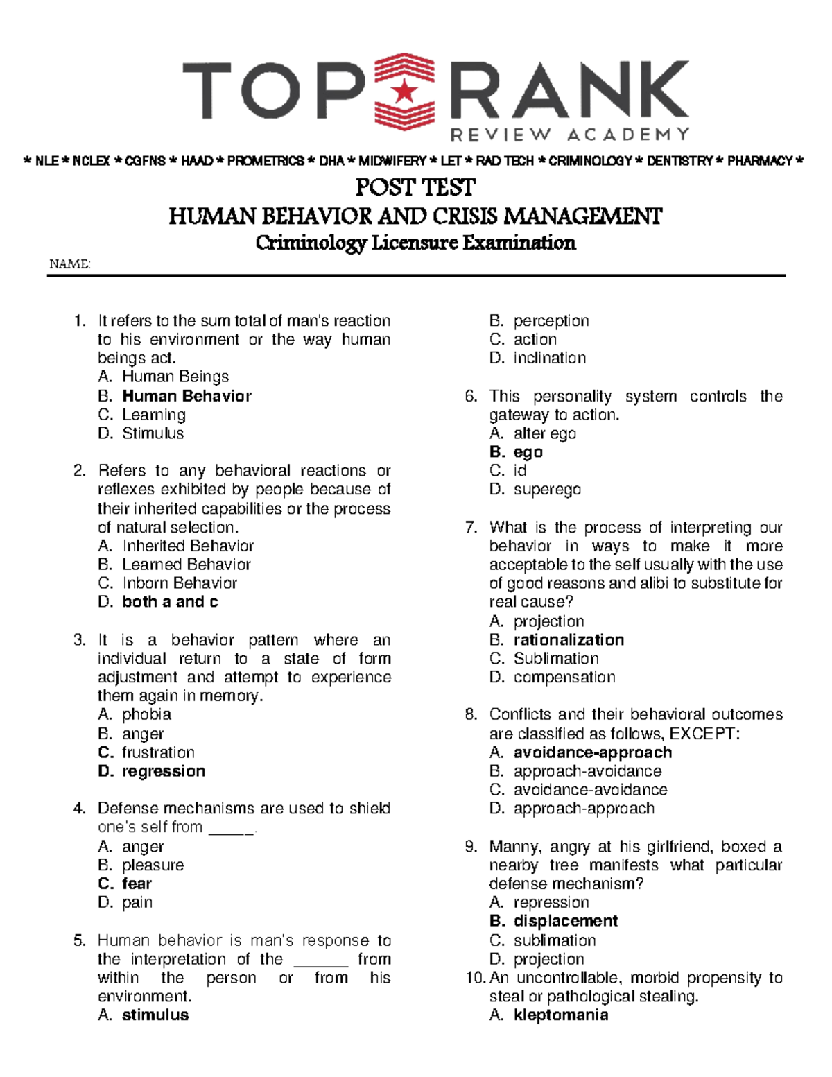 Human Behavior AND Crisis Management - POST TEST HUMAN BEHAVIOR AND ...