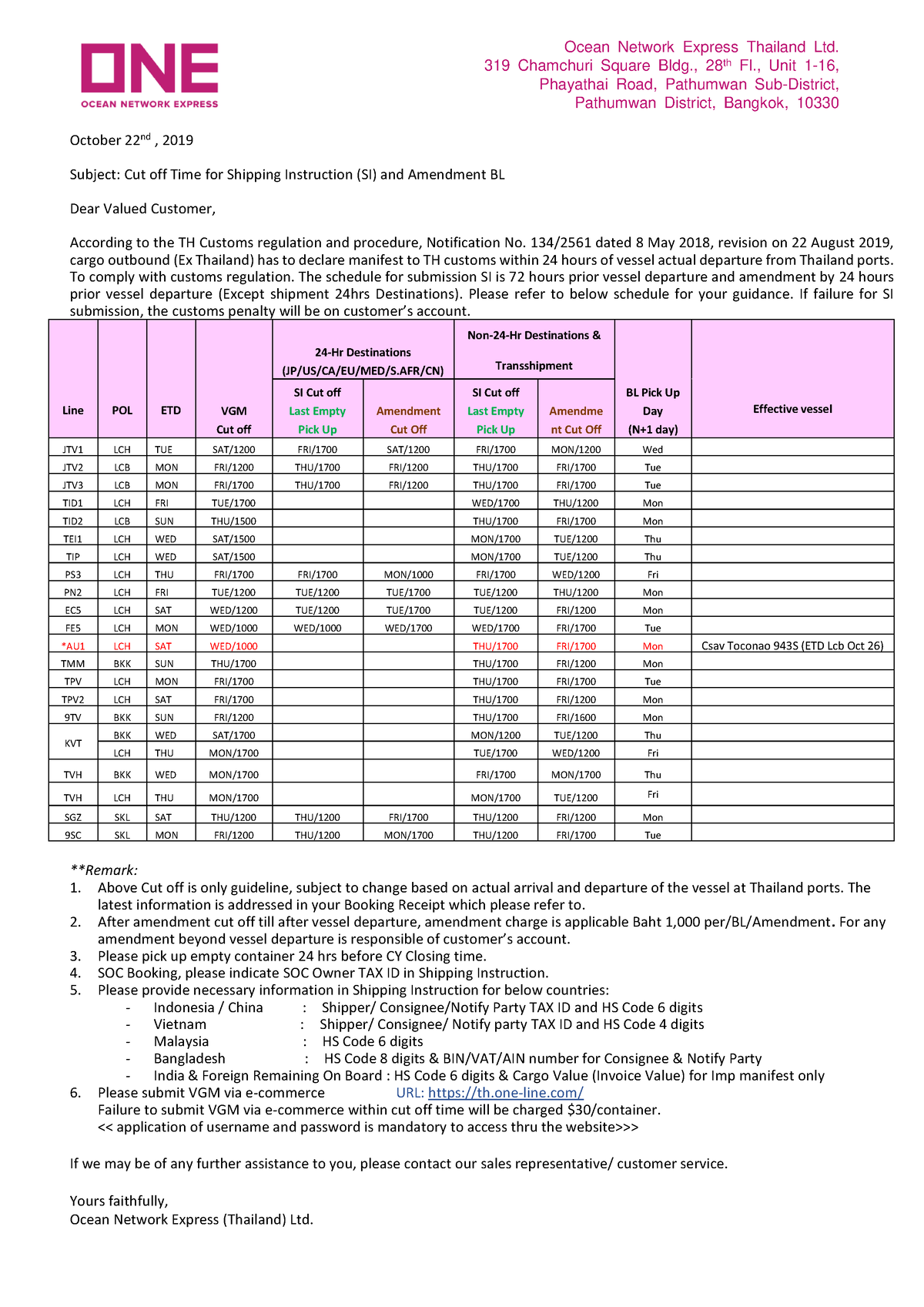 FY2019 Customer Advisory Outbound Manifest Submission Revised Oct 22 ...