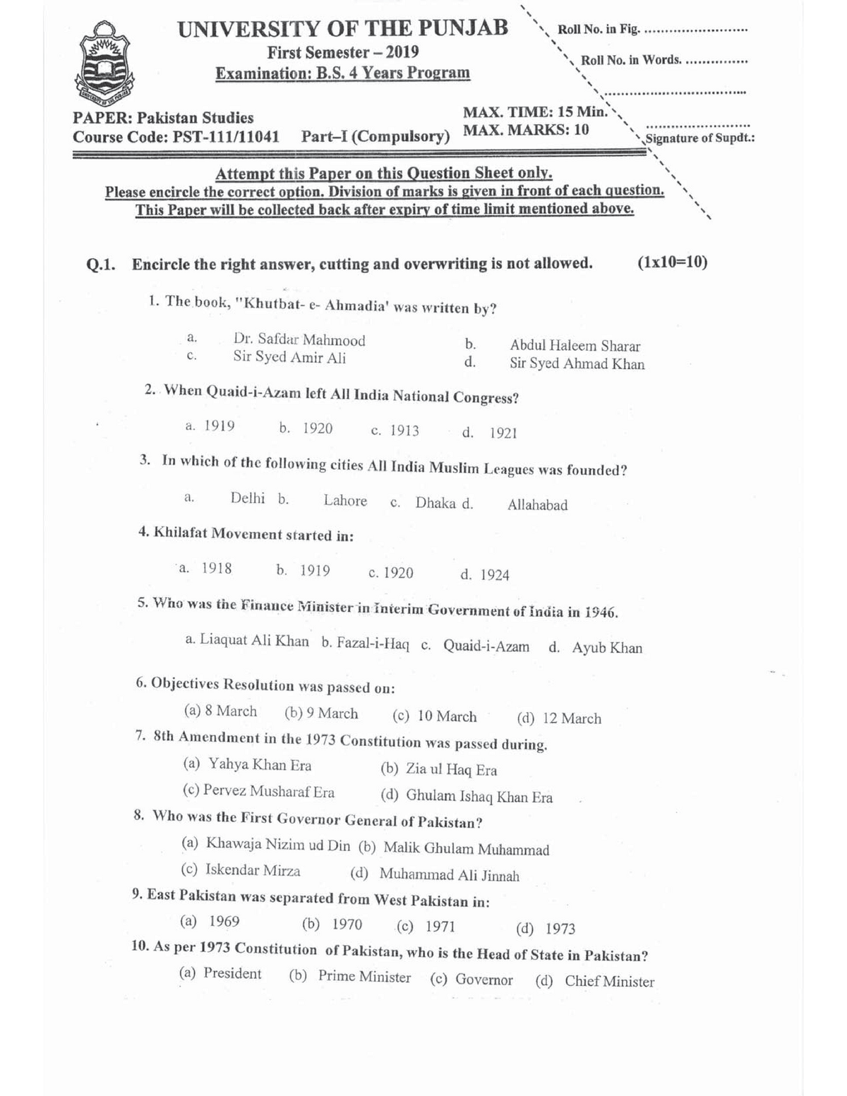 P2019 PST-111 - Past Paper For Bs Psychology - Scheme Of Study BS (4 ...