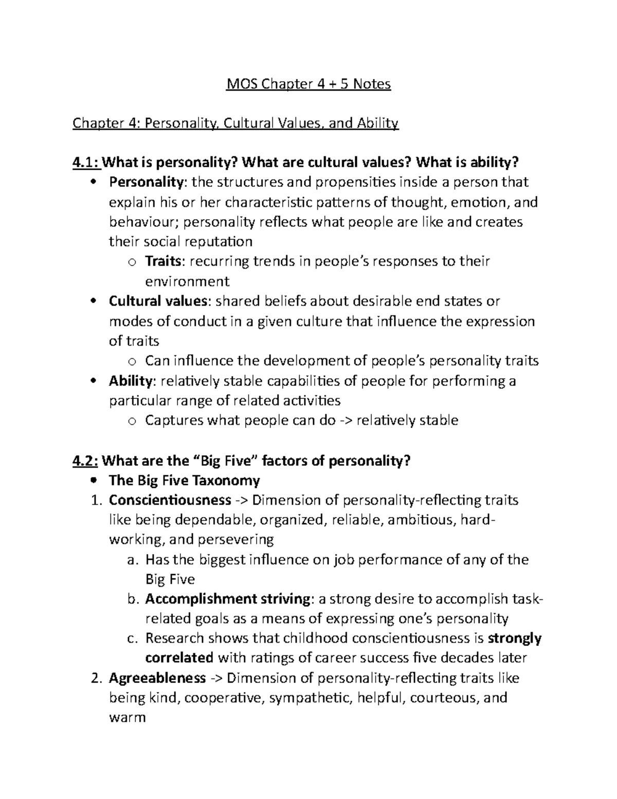 MOS Chapter 4+5 notes - MOS Chapter 4 + 5 Notes Chapter 4: Personality ...