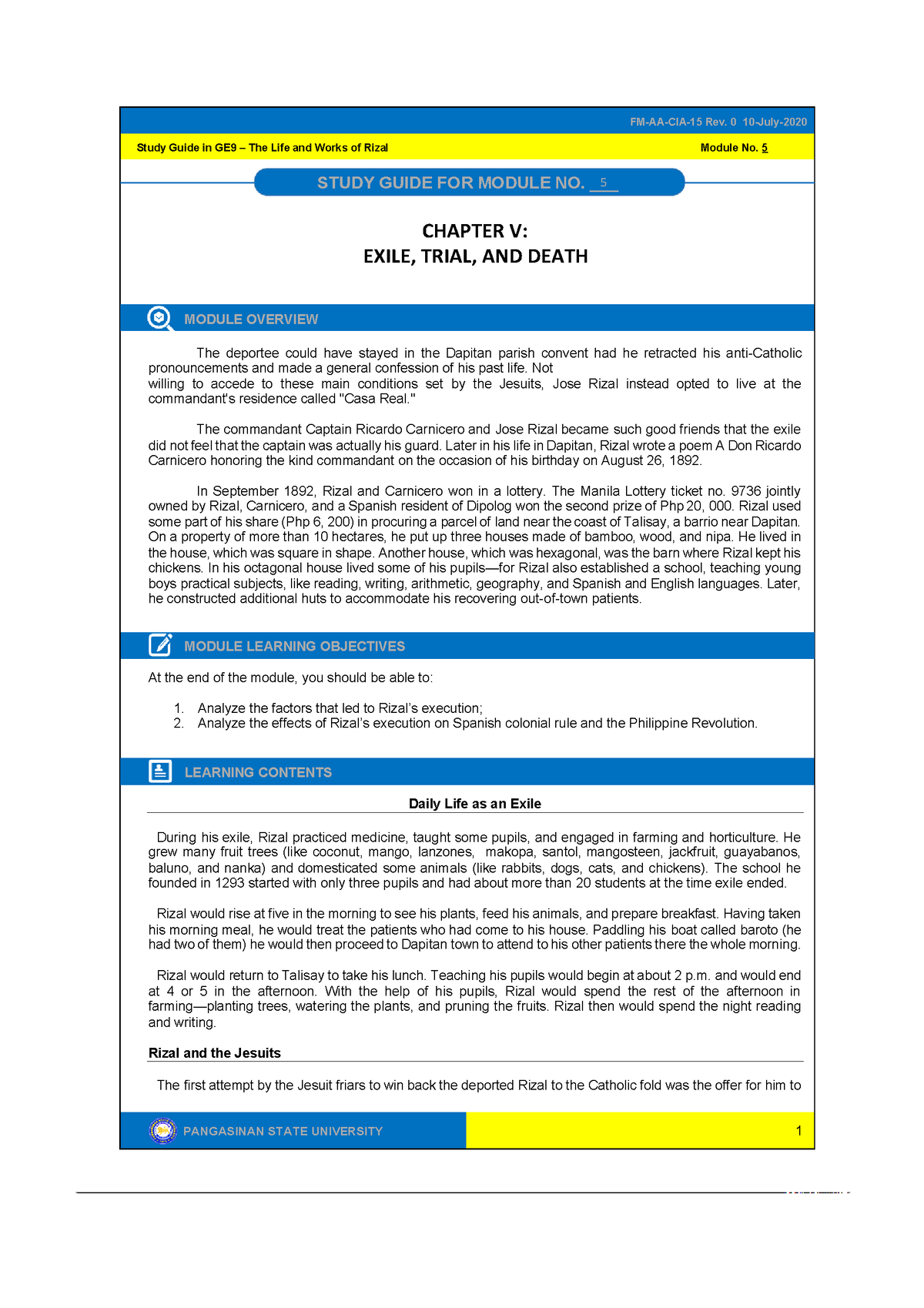 Ge9 Module 5 Exile Trial And Death - Pangasinan State University Study 