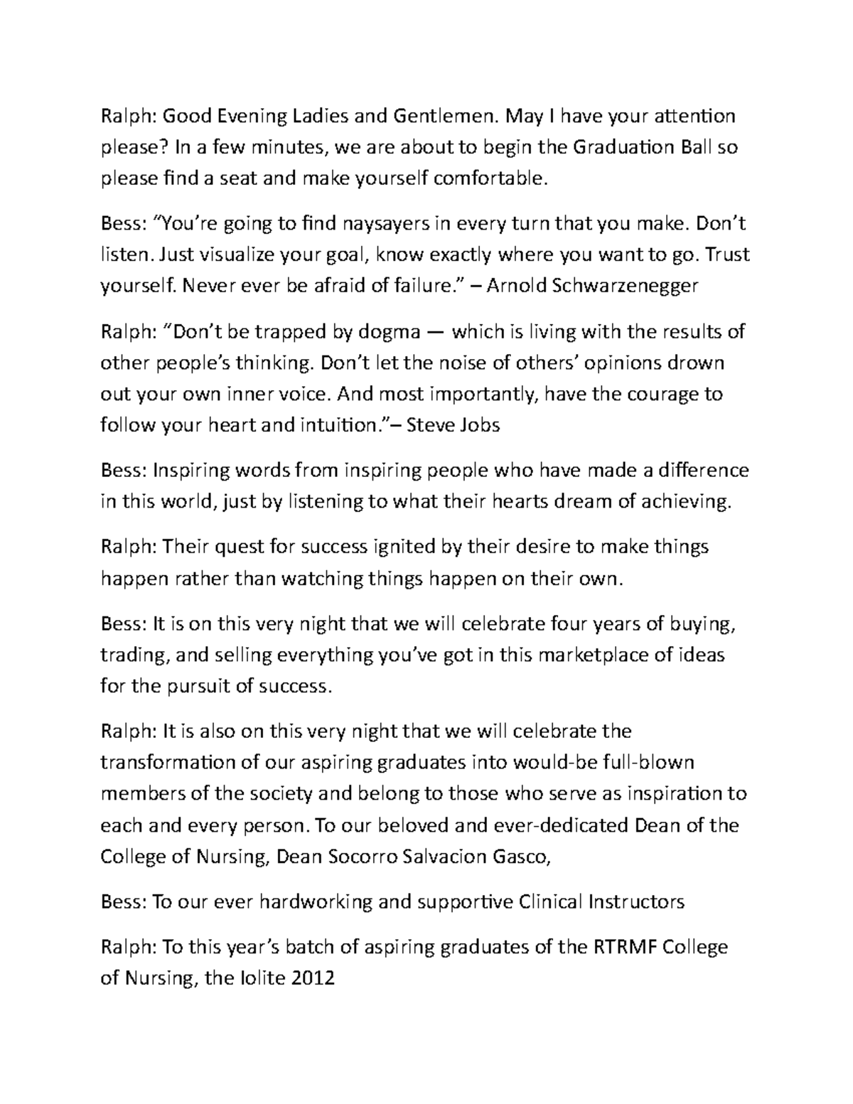 94392583 Graduation Ball Script Ralph Good Evening Ladies and