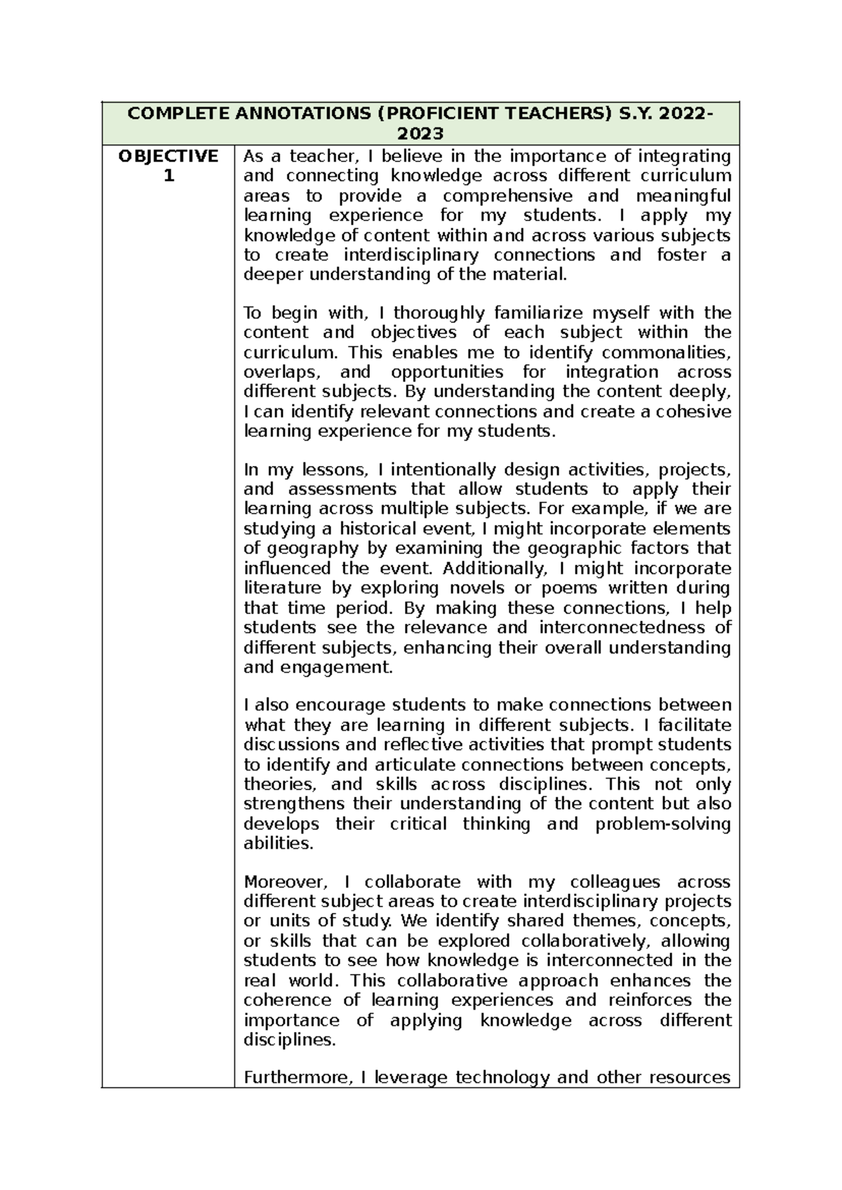 Annotations PER Objective- Proficient Teachers - COMPLETE ANNOTATIONS ...