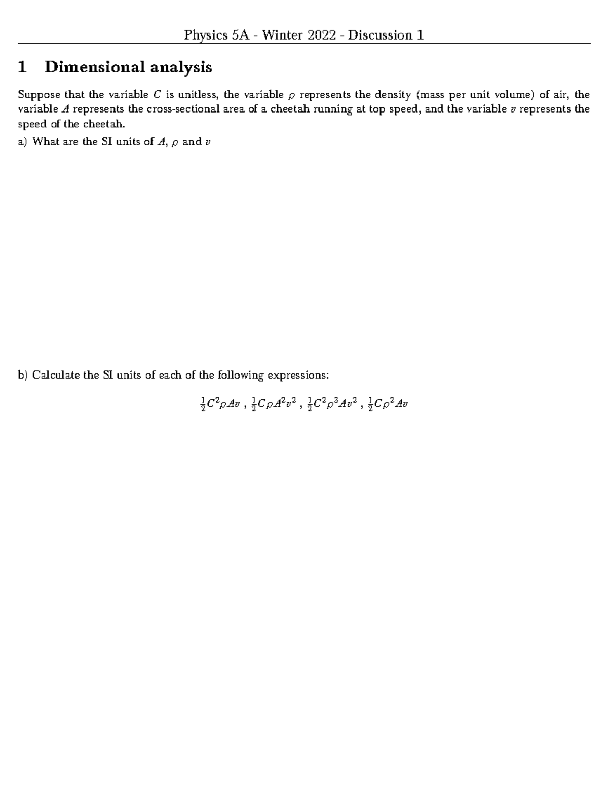 Worksheet 1 - practice - Physics 5A - Winter 2022 - Discussion 1 1 ...