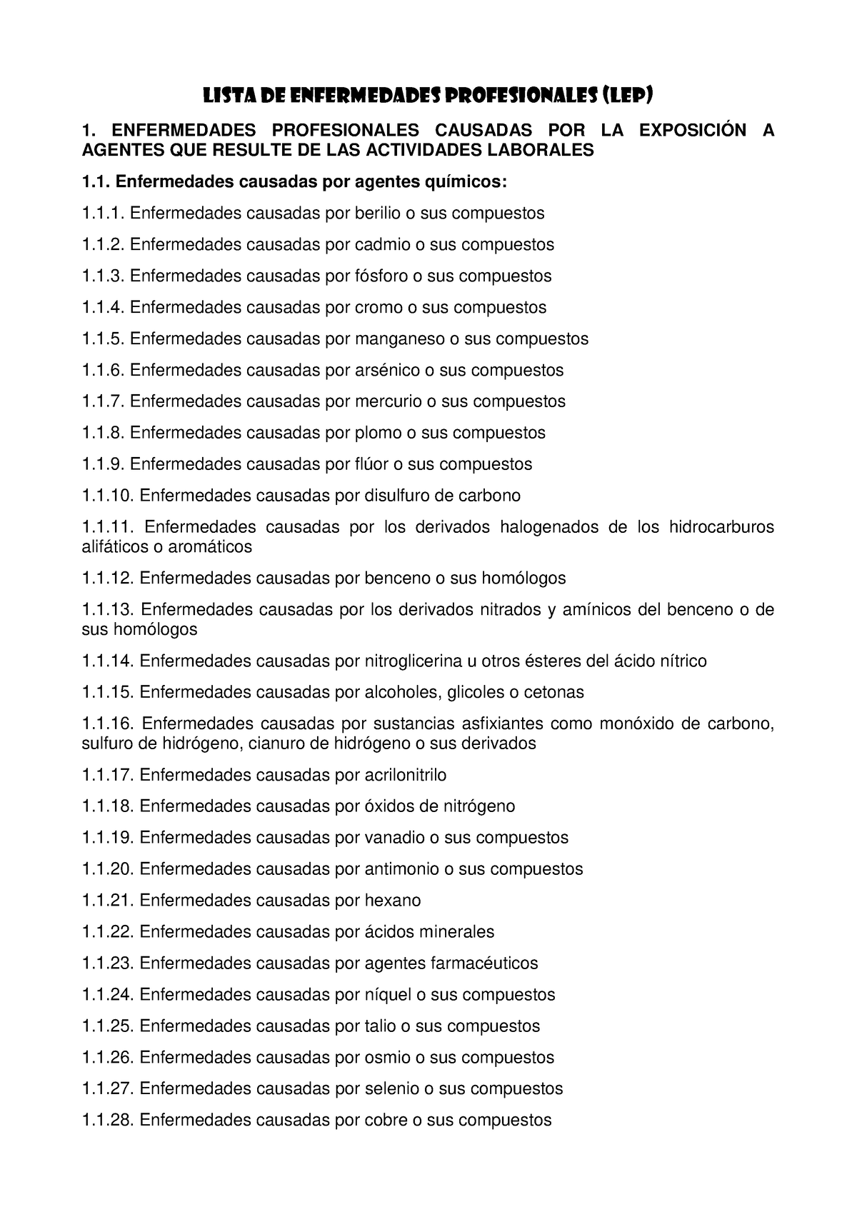 Lista De Enfermedades - ENFERMEDADES PROFESIONALES CAUSADAS POR LA ...