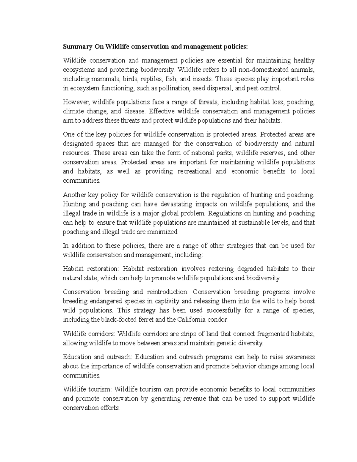 Summary On Wildlife Conservation And Management Policies Wildlife