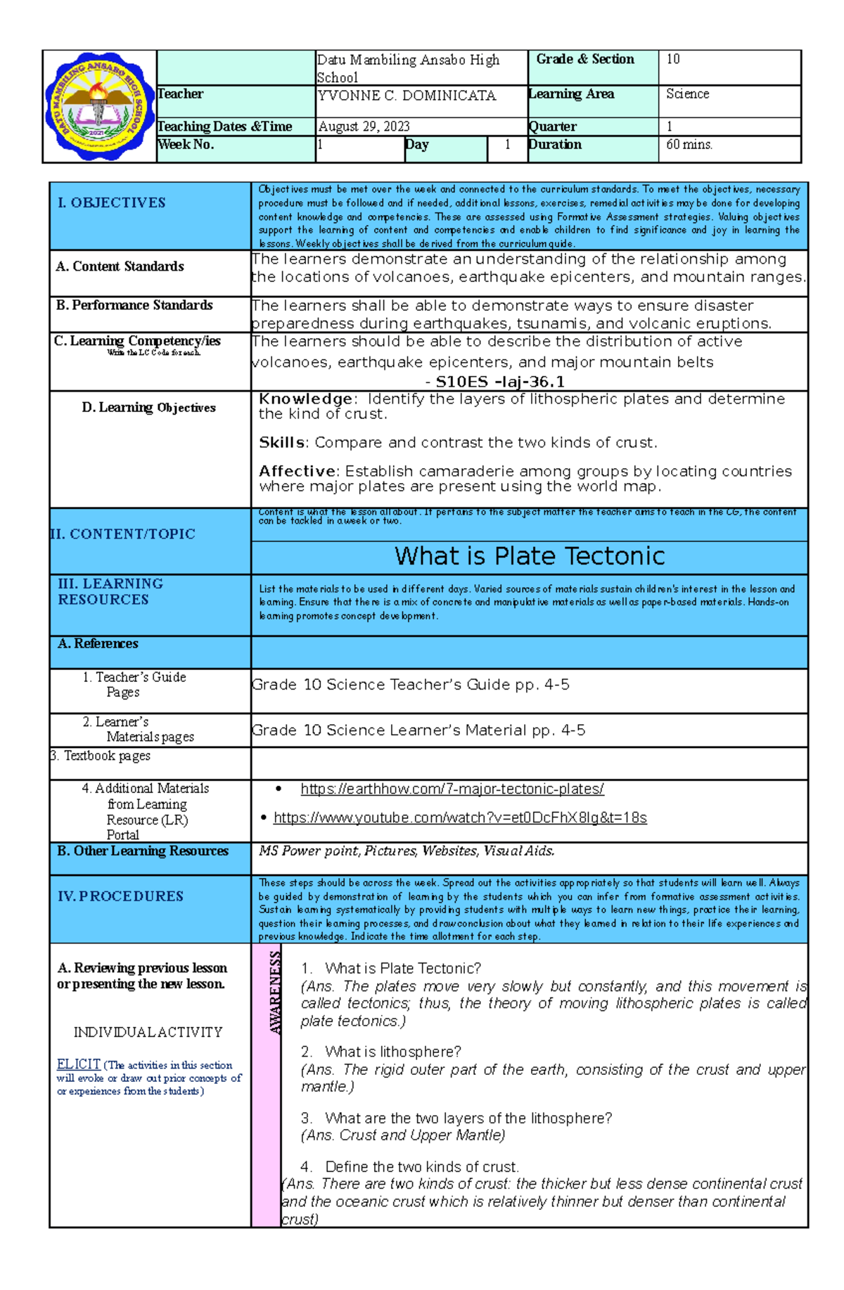 Science 10 Q1 WK1 D1 - Datu Mambiling Ansabo High School Grade ...