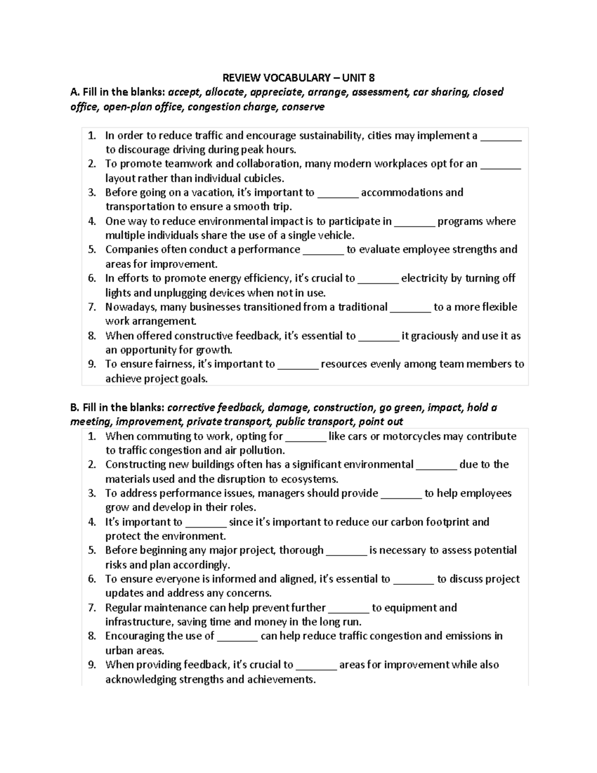 Review Vocabulary UNIT 8 - REVIEW VOCABULARY – UNIT 8 A. Fill in the ...