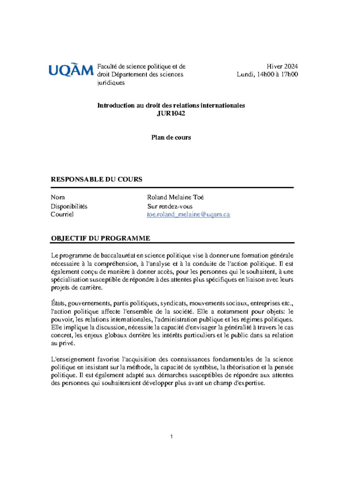 Plan du cours - Faculté de science politique et de droit Département ...