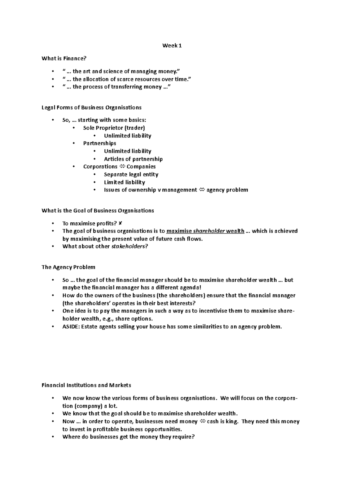 Full Finance Lecture Notes Week 1-Week 10 - Week 1 What is Finance ...
