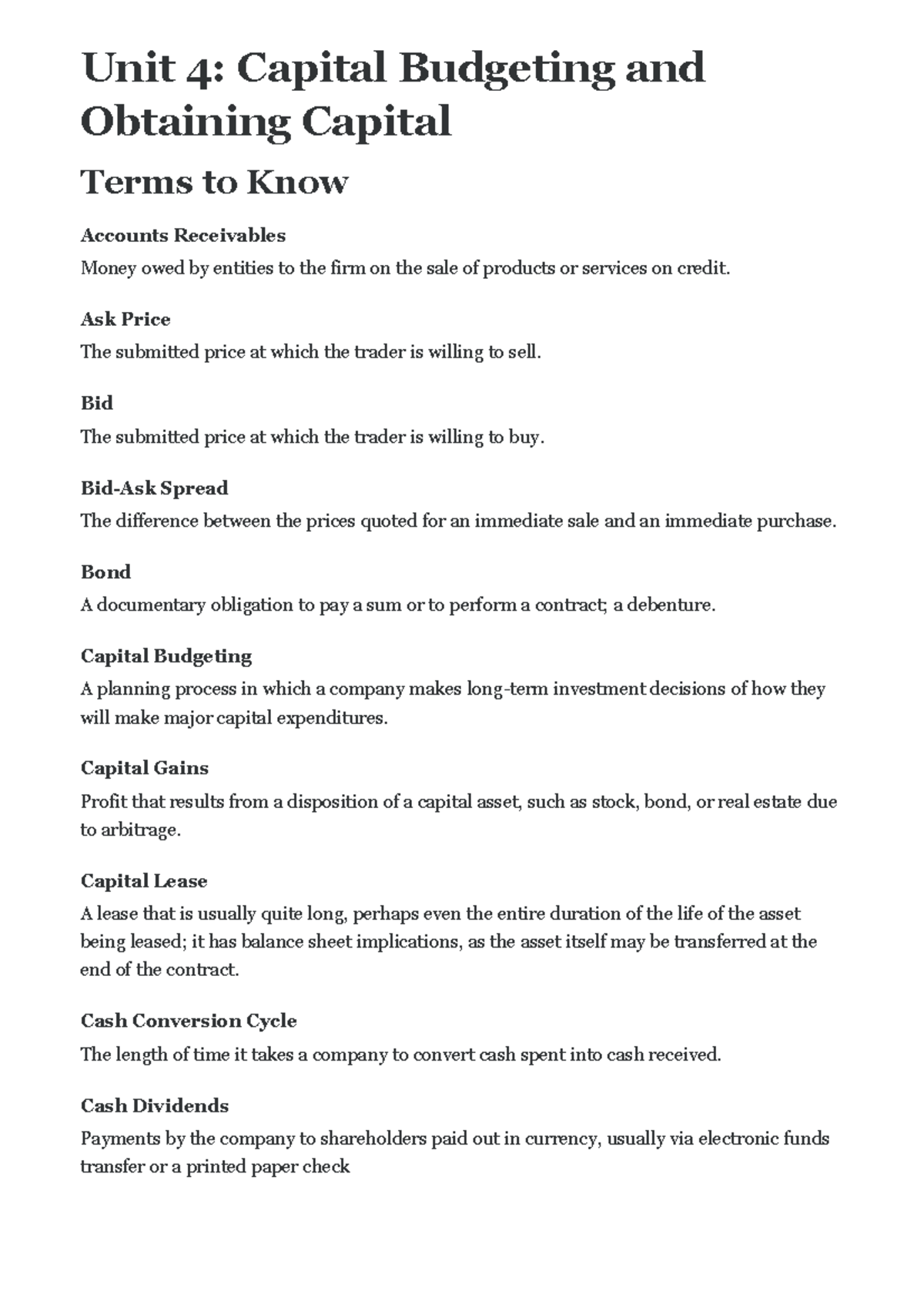Principles of Finance Unit 4 Glossary,Formulas - Unit 4: Capital ...