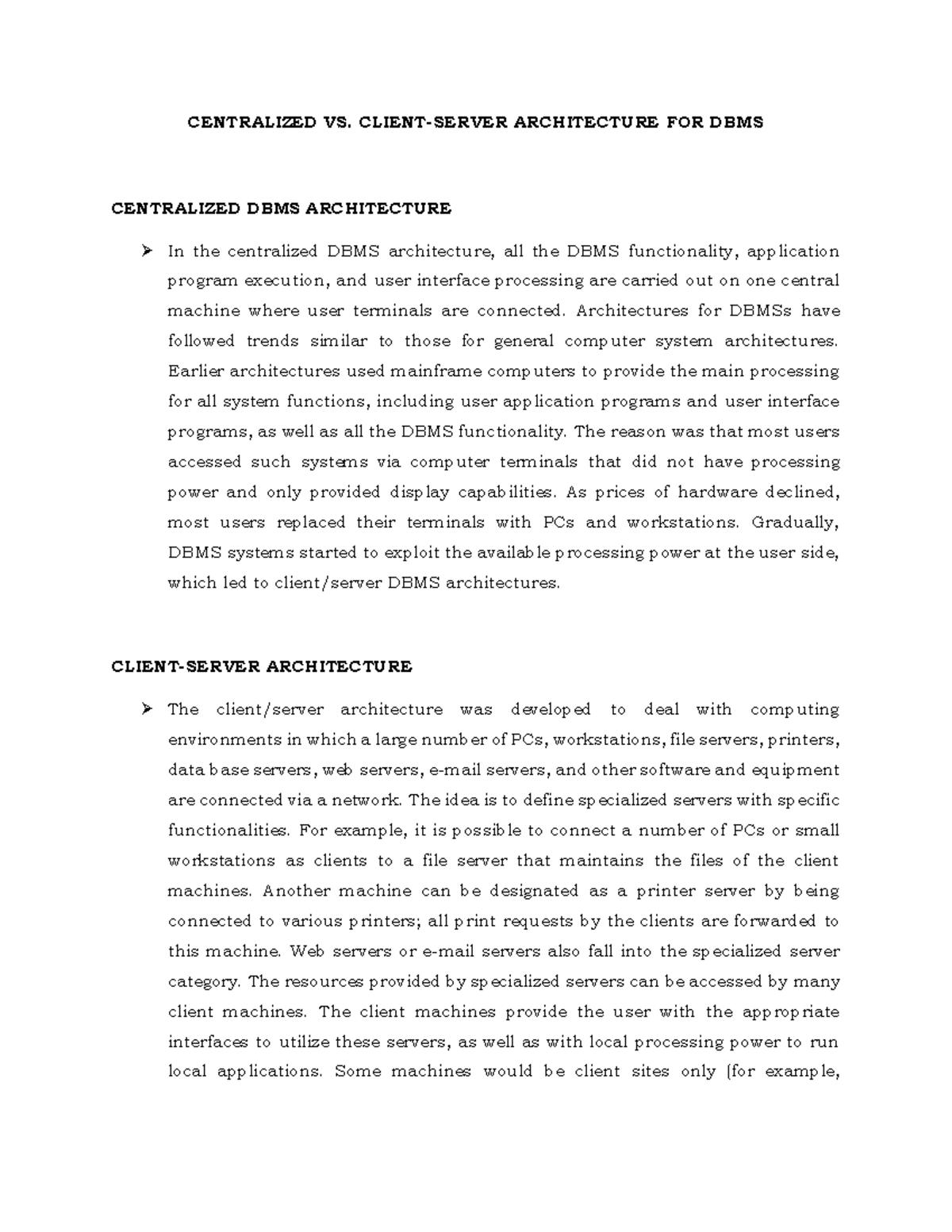 Centralized vs. Client-Server Architecture for DBMS - CENTRALIZED VS ...