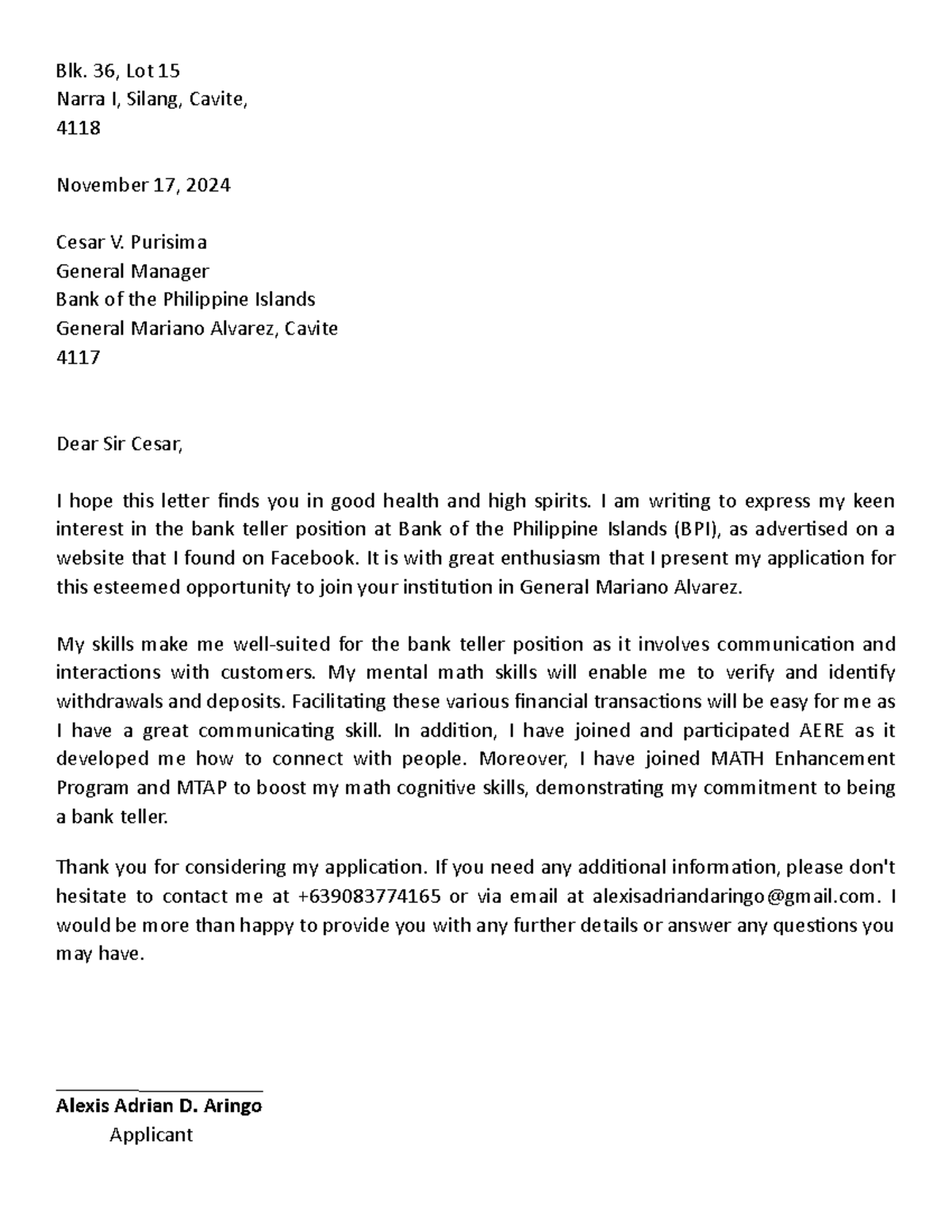 Application letter - for giving notes - Blk. 36, Lot 15 Narra I, Silang ...
